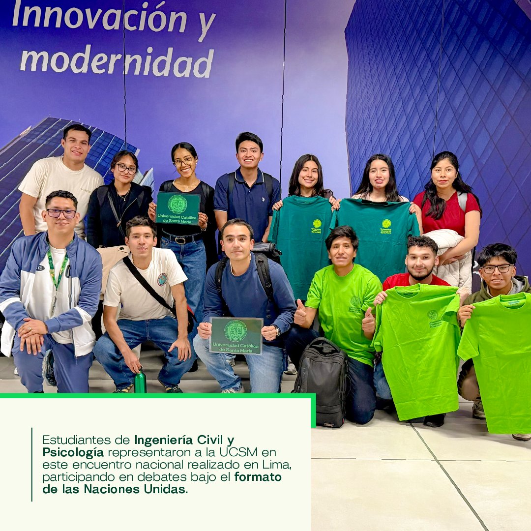 UCSM_oficial's tweet photo. 🌎💚 #UCSM | 𝑬𝒔𝒕𝒖𝒅𝒊𝒂𝒏𝒕𝒆𝒔 𝑺𝒂𝒏𝒕𝒂𝒎𝒂𝒓𝒊𝒂𝒏𝒐𝒔 𝒑𝒓𝒆𝒔𝒆𝒏𝒕𝒆𝒔 𝒆𝒏 ❞𝑻𝒓𝒂𝒛𝒂𝒏𝒅𝒐 𝒆𝒍 𝑴𝒂𝒏̃𝒂𝒏𝒂❞

Estudiantes de Ingeniería Civil y Psicología de la UCSM representaron a nuestra Universidad en este encuentro nacional realizado en Lima, donde participaron en debates desarrollados bajo el formato de las Naciones Unidas.

La experiencia fortaleció sus capacidades de liderazgo, pensamiento crítico, comunicación, argumentación y toma de decisiones, permitiéndoles desenvolverse en escenarios de diálogo y análisis sobre temas de interés nacional.

✨ 𝗘𝘅𝗽𝗲𝗿𝗶𝗲𝗻𝗰𝗶𝗮𝘀 𝗾𝘂𝗲 𝗳𝗼𝗿𝗺𝗮𝗻 𝗲𝘀𝘁𝘂𝗱𝗶𝗮𝗻𝘁𝗲𝘀 𝗽𝗿𝗲𝗽𝗮𝗿𝗮𝗱𝗼𝘀 𝗽𝗮𝗿𝗮 𝗱𝗶𝗮𝗹𝗼𝗴𝗮𝗿, 𝗽𝗿𝗼𝗽𝗼𝗻𝗲𝗿 𝘆 𝗰𝗼𝗻𝘁𝗿𝗶𝗯𝘂𝗶𝗿 𝗮 𝗹𝗮 𝗰𝗼𝗻𝘀𝘁𝗿𝘂𝗰𝗰𝗶𝗼́𝗻 𝗱𝗲𝗹 𝗳𝘂𝘁𝘂𝗿𝗼 𝗱𝗲𝗹 𝗽𝗮𝗶́𝘀.

#UCSM #SentimientoSantamariano #IngenieríaCivilUCSM #PsicologíaUCSM #Liderazgo #FormaciónIntegral