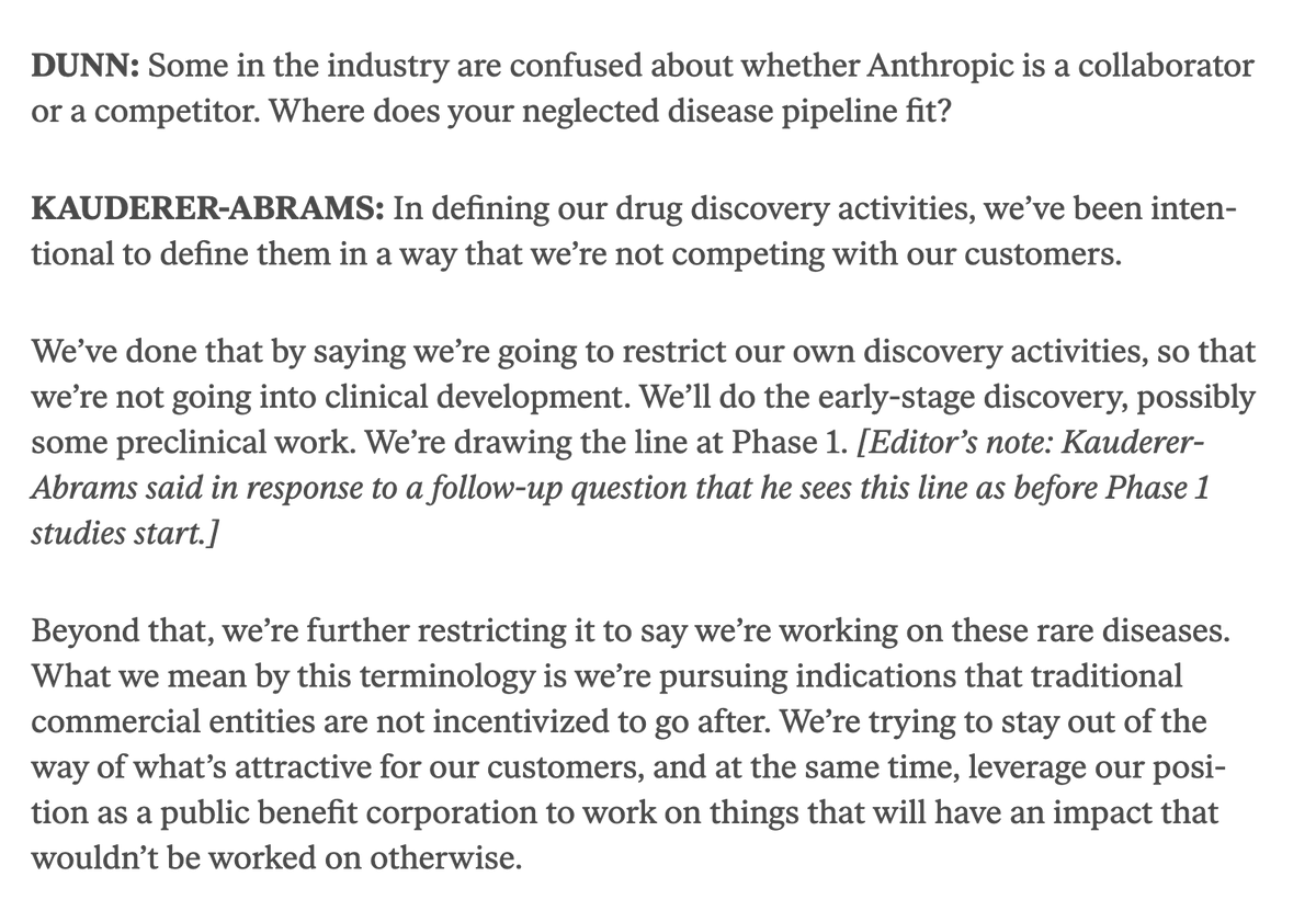 AndrewE_Dunn's tweet photo. ADDITIONAL NEWS: Anthropic says it is "drawing the line at Phase 1" for its own pipeline of rare/neglected disease programs. 

Kauderer-Abrams tells me he draws that line as before Phase 1 studies begin, in an effort to not compete w/ pharma customers:  
https://t.co/0uecsF1cS7 https://t.co/9UCAOAz6Uu