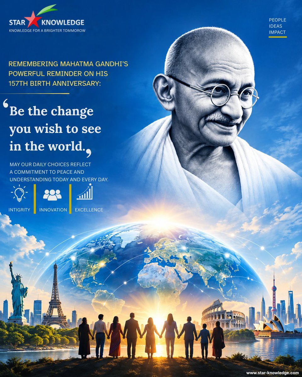 Star_Knowledge's tweet photo. Remembering Mahatma Gandhi on Gandhi Jayanti.
His timeless values of truth, peace, non-violence, simplicity &amp; courage continue to inspire generations. 🕊️

At #StarKnowledge, we honor his legacy by embracing purposeful progress and positive change.

🙏 #HappyGandhiJayanti ! https://t.co/OGX4PHnkxL