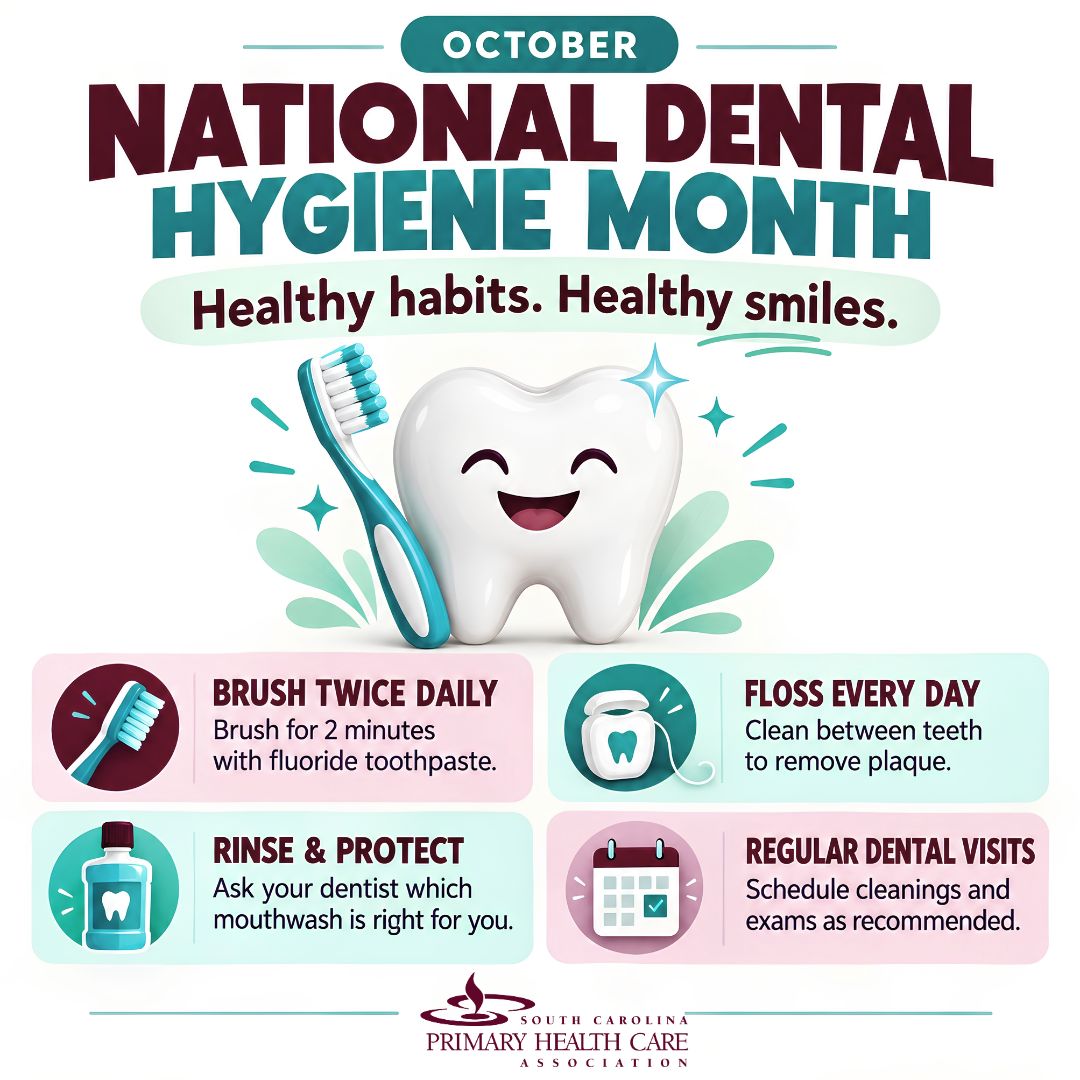 SCPHCA's tweet photo. October is National #DentalHygieneMonth! 🪥✨
Healthy teeth and gums are essential for total body health. Daily brushing, flossing, and regular dental checkups keep your smile strong.
#DentalHygiene #OralHealth #SCPHCA #CommunityHealth https://t.co/oxfMSmedXL