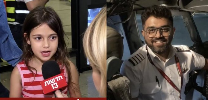A split image shows a young girl being interviewed with a 'חדשות 13' microphone on the left, and a smiling pilot in uniform in a cockpit on the right.