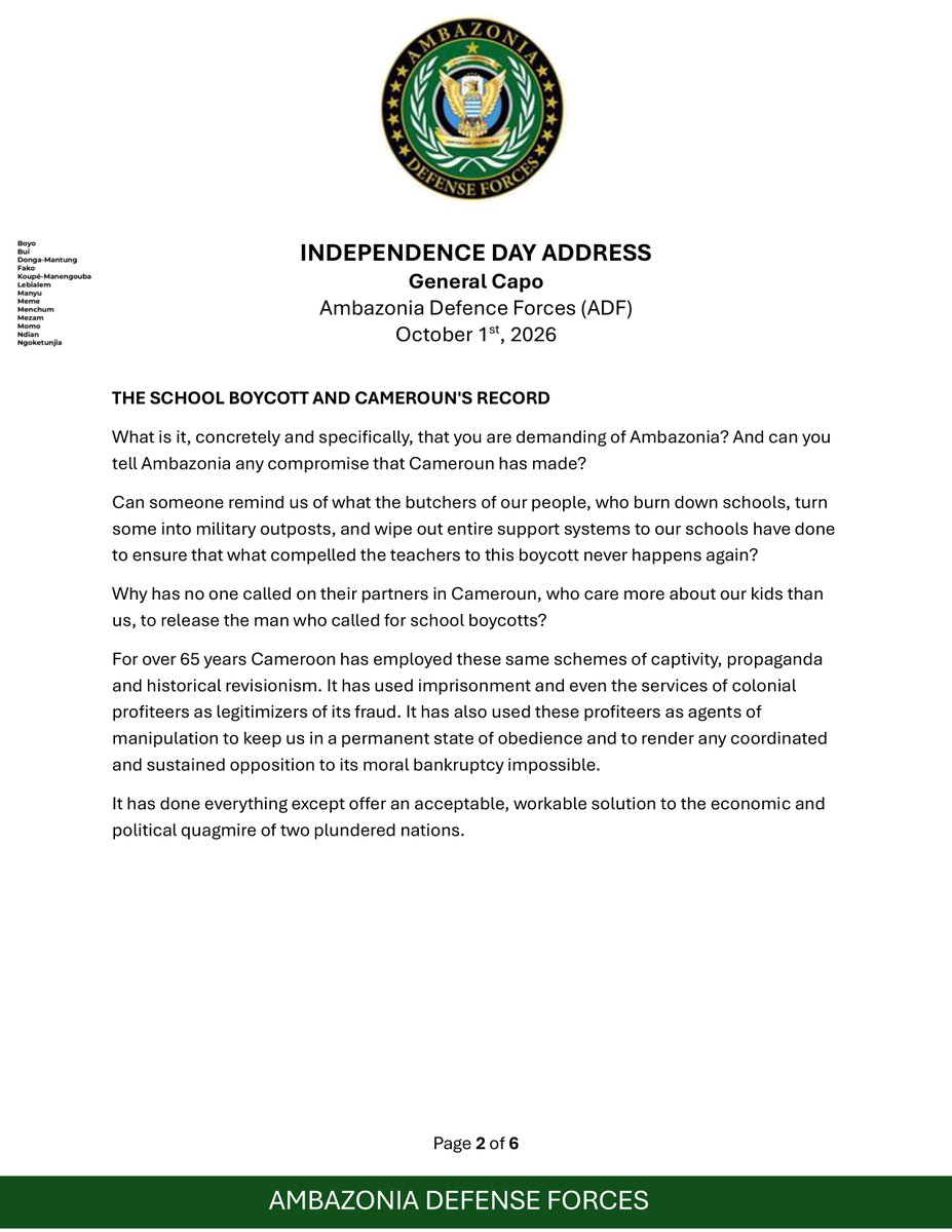 acntelnet's tweet photo. 🎙️ Independence Day address by General Capo of the ADF: honoring the fallen, urging resolve, and calling for unity in the struggle. ✊ #Ambazonia, #AGovC, #ADF https://t.co/sL9h3LjY6B
