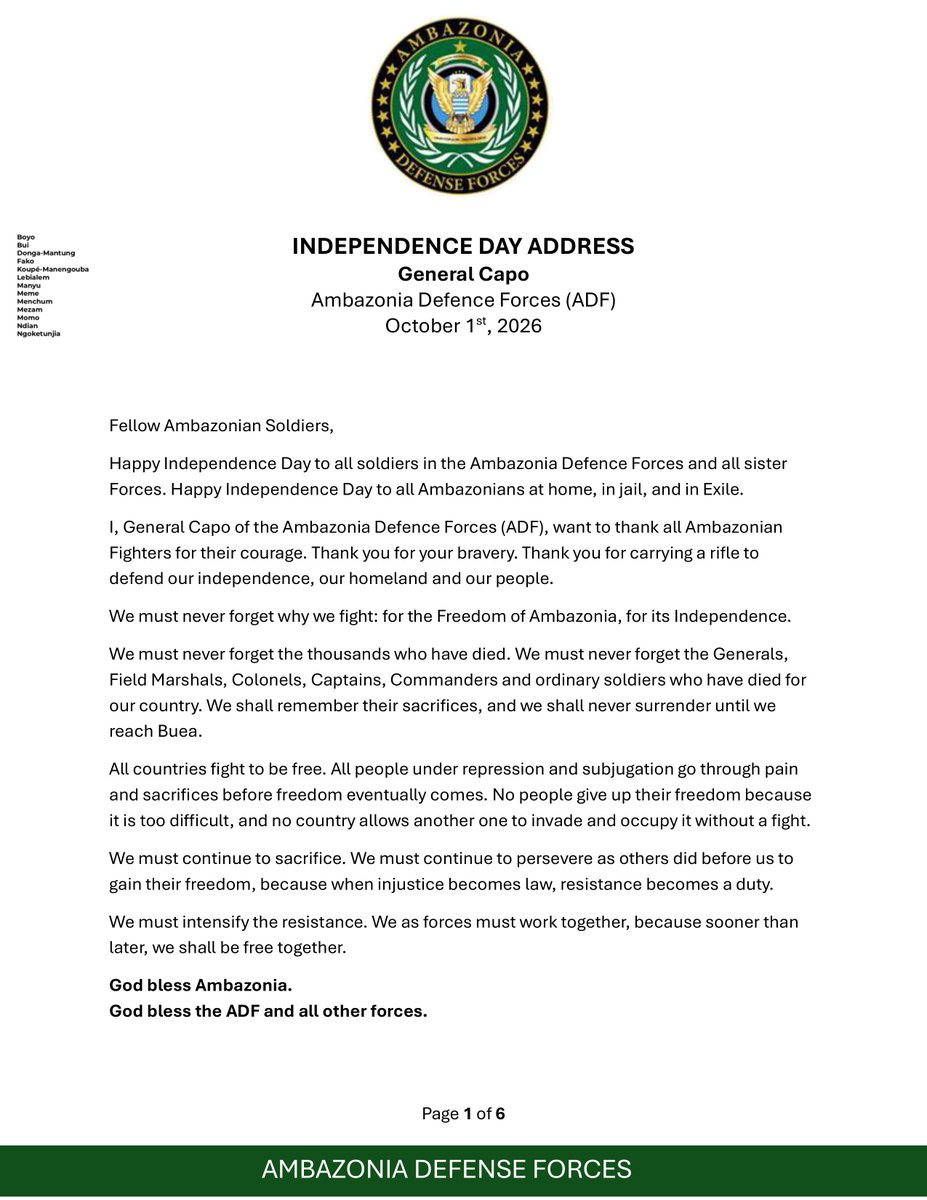 acntelnet's tweet photo. 🎙️ Independence Day address by General Capo of the ADF: honoring the fallen, urging resolve, and calling for unity in the struggle. ✊ #Ambazonia, #AGovC, #ADF https://t.co/sL9h3LjY6B