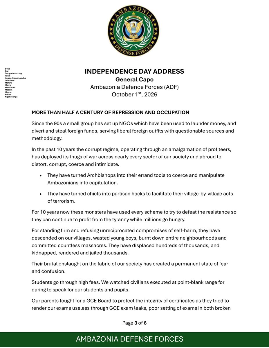 acntelnet's tweet photo. 🎙️ Independence Day address by General Capo of the ADF: honoring the fallen, urging resolve, and calling for unity in the struggle. ✊ #Ambazonia, #AGovC, #ADF https://t.co/sL9h3LjY6B