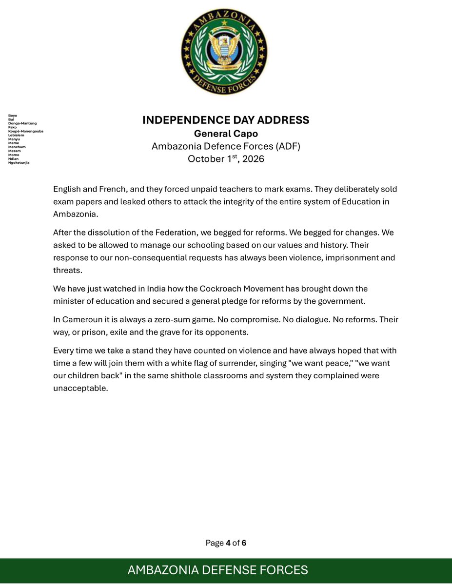 acntelnet's tweet photo. 🎙️ Independence Day address by General Capo of the ADF: honoring the fallen, urging resolve, and calling for unity in the struggle. ✊ #Ambazonia, #AGovC, #ADF https://t.co/sL9h3LjY6B