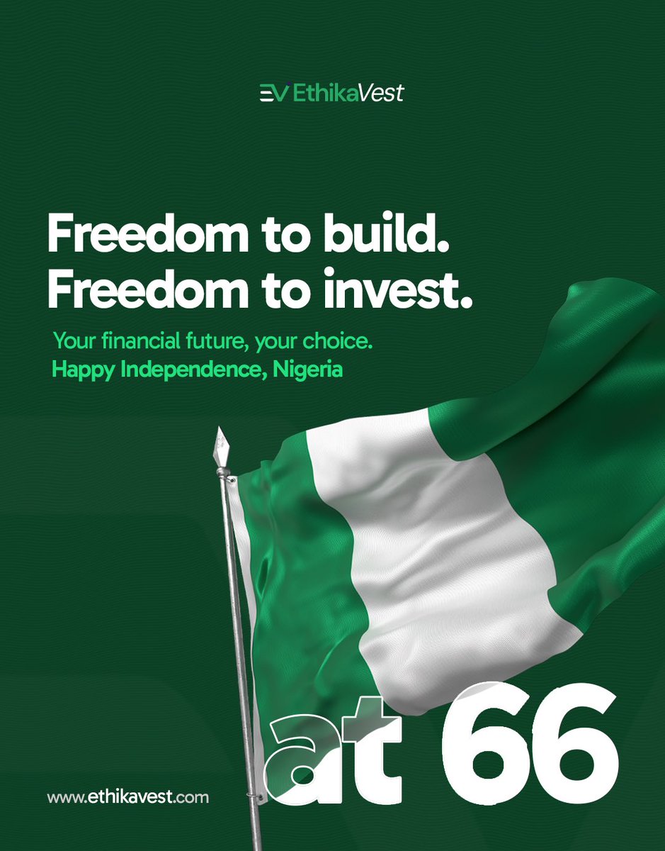 EthikaVest's tweet photo. Happy Independence Day, Nigeria! 🇳🇬💚

As we celebrate 66 years, may we continue to build a future defined by growth, opportunity, and informed financial decisions.

Here’s to a stronger Nigeria and a financially empowered generation. 🇳🇬✨ https://t.co/fUt3ZIz5Zp