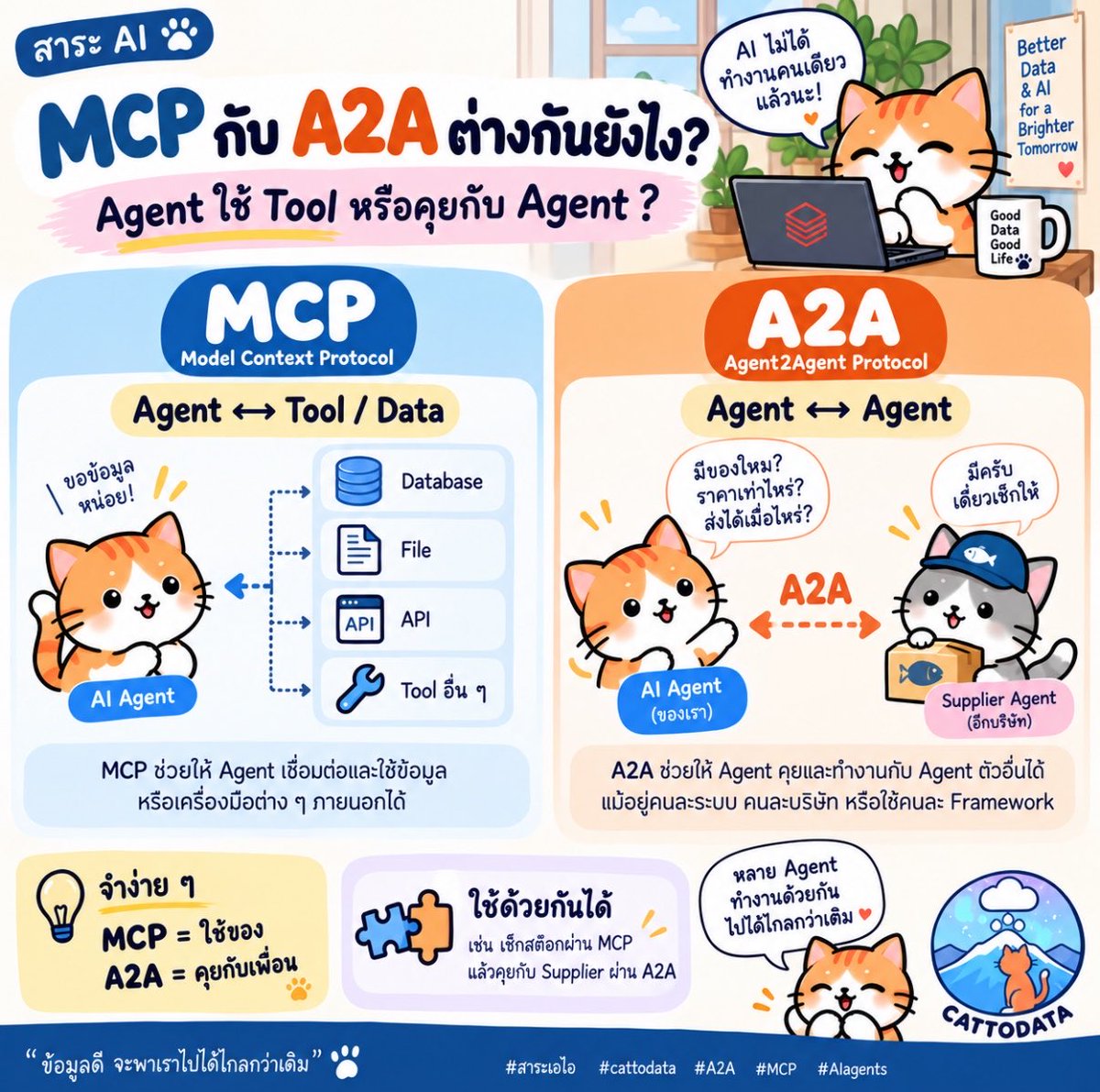 cattodata's tweet photo. [สาระเอไอ] รู้จัก MCP แล้ว มารู้จัก A2A กันต่อ 🐱🤖↔️🤖

ช่วงนี้นอกจาก MCP แล้ว อีกคำที่เริ่มเห็นบ่อยขึ้นคือ A2A หรือ Agent2Agent Protocol

A2A คือมาตรฐานที่ทำให้ AI Agent ตัวหนึ่งสามารถคุยและทำงานร่วมกับ AI Agent อีกตัวได้ เช่น Agent ของเราได้รับงานมา แต่ตัวมันเองไม่ได้เก่งทุกเรื่อง ก็สามารถส่งบางงานไปให้ Agent ที่เชี่ยวชาญกว่า แล้วรอรับผลกลับมาได้

ที่สำคัญคือ Agent สองตัวนี้ไม่จำเป็นต้องสร้างด้วย Framework เดียวกัน หรืออยู่ในระบบเดียวกันก็ได้ เช่น

🤖 Agent ของบริษัทเรา
→ ต้องการข้อมูลราคาสินค้าจาก Supplier
→ ส่งงานไปหา Supplier Agent
→ Supplier Agent ไปจัดการงานของตัวเอง
→ ส่งคำตอบกลับมา

A2A จะกำหนดวิธีมาตรฐานว่า Agent จะรู้ได้ยังไงว่าอีกตัวทำอะไรได้ ติดต่อที่ไหน ส่งงานยังไง และรับผลลัพธ์กลับมายังไง

ใน A2A จะมีสิ่งที่เรียกว่า Agent Card คล้าย ๆ นามบัตรของ Agent ที่บอกว่า Agent นี้คือใคร มีความสามารถอะไร และติดต่อได้ที่ไหน แล้วจึงสามารถส่ง Message หรือ Task หากันได้ 

แล้วมันต่างจาก MCP ยังไง?

สมมติมี AI Agent ช่วยจัดการร้านอาหาร 🍽️ถ้า Agent ต้องการรู้ว่า 

“ในคลังเหลือ Salmon กี่กล่อง?”

มันอาจไปอ่าน Inventory Database

🤖 Agent ↔️ Database / API / Tool

แบบนี้คือ MCP เพราะ MCP เอาไว้เชื่อม AI กับ Tools และ Data ที่มันต้องใช้

แต่พอเช็กแล้วพบว่า Salmon ใกล้หมด

Agent อาจต้องถามต่อว่า

“Supplier เจ้าไหนมีของ?”
“วันนี้ราคาเท่าไหร่?”
“คุณภาพเป็นยังไง?”
“ส่งของได้เมื่อไหร่?”

ถ้าข้อมูลและความสามารถพวกนี้อยู่กับ Supplier Agent อีกตัว

🤖 Restaurant Agent
↔️
🤖 Supplier Agent

ตรงนี้คือ A2A

Google ใช้ตัวอย่างนี้เพื่อแยกหน้าที่สอง protocol ออกจากกันเลย: MCP ดูเรื่องการเข้าถึง tools/data ส่วน A2A ดูเรื่องการคุยและทำงานร่วมกันระหว่าง agents ที่อาจอยู่คนละทีม คนละ framework หรือคนละ server 

จำง่าย ๆ

🔧 MCP = Agent ↔ Tool / Data
🤝 A2A = Agent ↔ Agent
และสองตัวนี้ไม่ได้มาแทนกัน

Agent ตัวเดียวสามารถใช้ MCP ไปเช็กข้อมูลก่อน แล้วพอรู้ว่าต้องให้ Agent อีกตัวช่วย ก็ใช้ A2A ส่งงานต่อได้

เช่น เช็ก Stock ผ่าน MCP
→ พบว่าของใกล้หมด
→ ส่งงานให้ Supplier Agent ผ่าน A2A
→ ได้ราคาและวันส่งของกลับมา
→ Agent ของเราค่อยตัดสินใจว่าจะทำอะไรต่อ

พอระบบ AI เริ่มมี Agent หลายตัวจากหลายระบบ การมีภาษากลางให้มันคุยกันได้จึงเริ่มสำคัญขึ้นเรื่อย ๆ 

Source: Google Developers Blog Developer’s Guide to AI Agent Protocols

#สาระเอไอ #cattodata #A2A #MCP