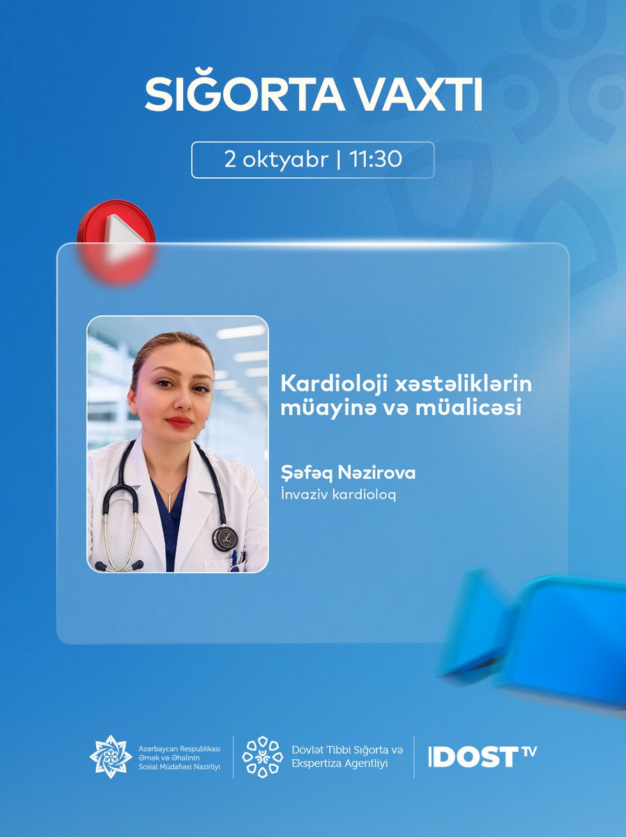 dtseagovaz's tweet photo. 🗓️ 2 oktyabr saat 11:30-da DOST TV-də və Agentliyin Facebook səhifəsində “Sığorta vaxtı”nı izləməyi unutmayın.
ℹ️ “Kardioloji xəstəliklərin müayinə və müalicəsi” mövzusunda sualları invaziv kardioloq Şəfəq Nəzirova cavablandıracaq.
#ƏƏSMN #DTSEA #DOSTTV #SığortaVaxtı https://t.co/XeyN3EyYRf