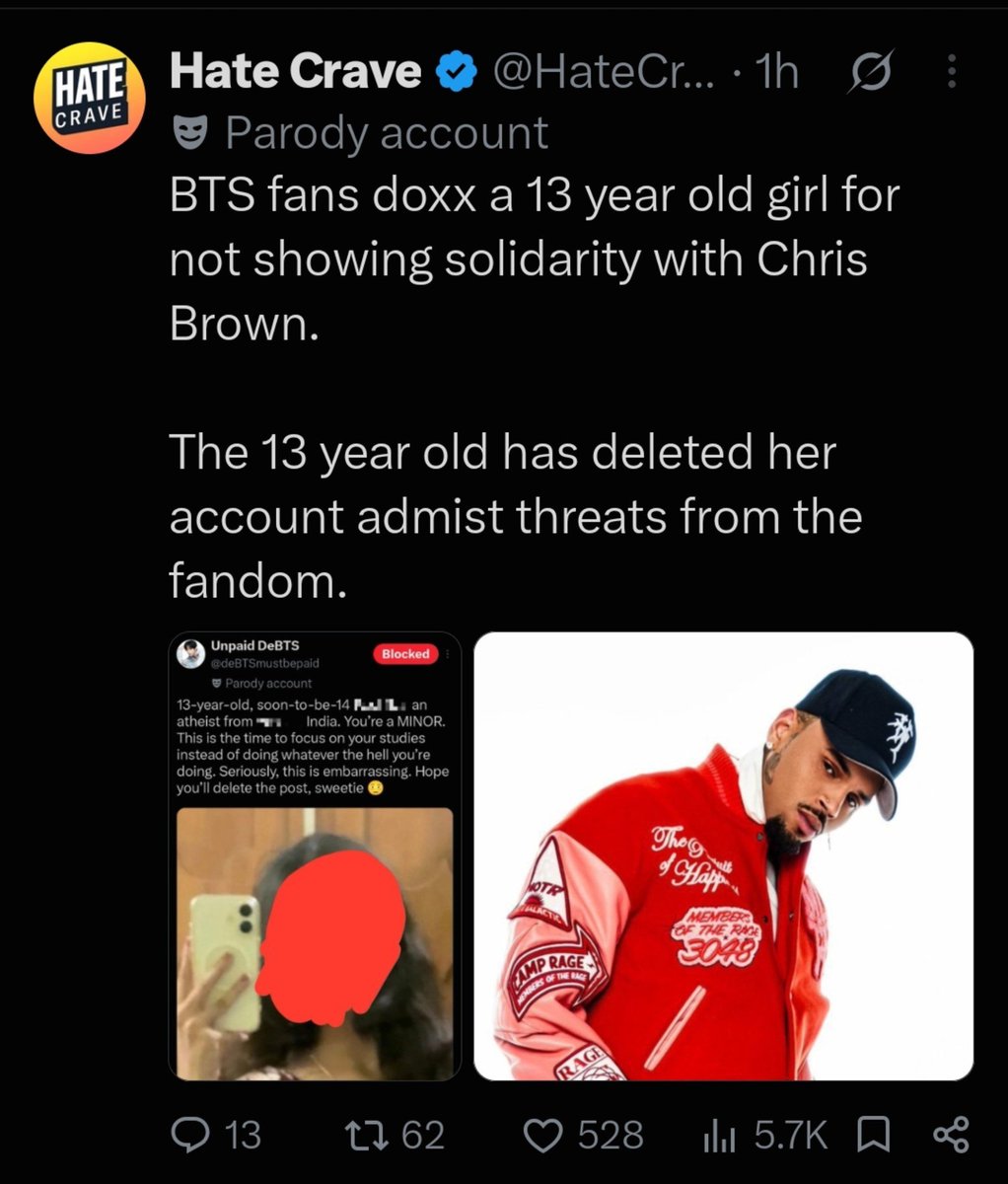 TheeHateKpop's tweet photo. Not Hate Crave spreading misinformation again. That 13-year-old girl was actually making disgusting jokes about jhope, which is why she got doxxed. https://t.co/9UwsDoWruI