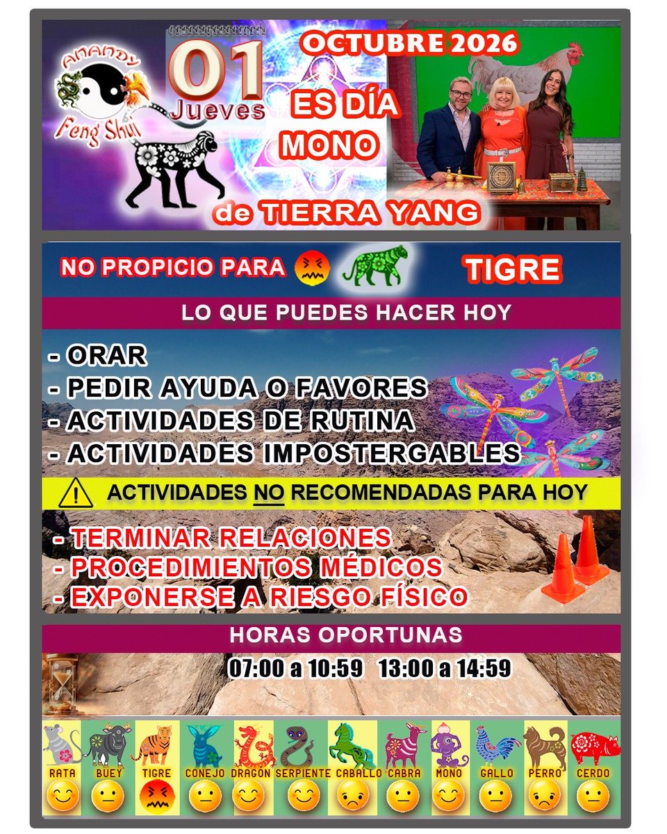 AnandyFeng's tweet photo. *JUEVES 01 DE OCTUBRE* Iniciamos el décimo ciclo del año. Podemos pedir por la armonía universal, por la *felicidad y la paz* . No hacer actividades importantes. No rompas relaciones, evita tratamientos médicos que puedas postergar. Signo *TIGRE* no es tu día.  Con amor Anandy✨ https://t.co/TuM1kOyiEb
