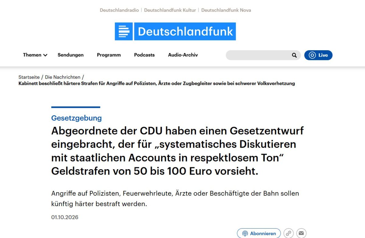 Moritz_Becker_'s tweet photo. ⚡️50–100 € Strafe für bestimmte Kommentare?
CDU-Abgeordnete haben einen Gesetzentwurf eingebracht: Wer „systematisch“ mit staatlichen Accounts in „respektlosem Ton“ diskutiert, soll künftig zur Kasse gebeten werden.
Noch ist es nur ein Entwurf. https://t.co/DwS5aGCGGJ