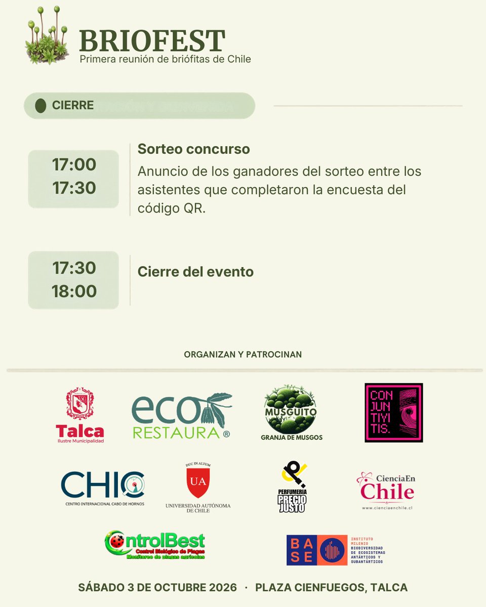 MilenioBASE's tweet photo. Talca📍🌱 Ya está disponible el programa oficial de la primera Reunión de briófitas de Chile #Briofest 

🗓️Sábado 3 de octubre
🟢Plaza Cienfuegos, Talca
🎟️Entrada liberada https://t.co/KBIZ8wO1Os
