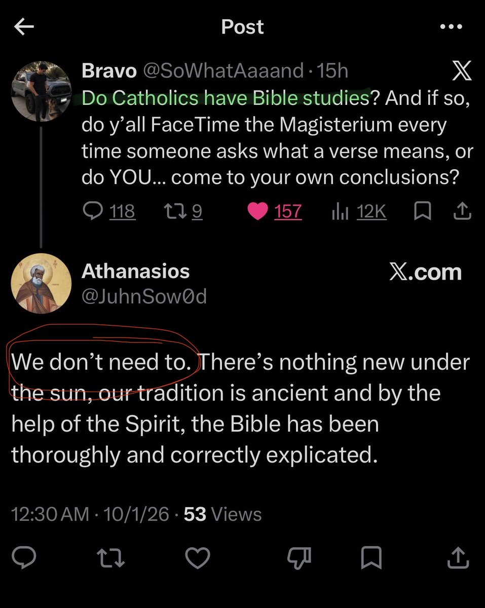 SoWhatAaaand's tweet photo. “Do Catholics have Bible study”
“We don’t need to.”

We can tell. Or should I say, we assumed. https://t.co/ulPGNfxK4J