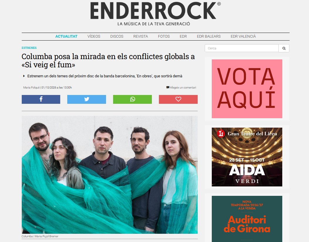 PropagandaPFet's tweet photo. Columba presenten demà el seu llarga durada de debut titulat EN OBRES i avui Enderrock ens porta en exclusiva "Si veig el fum", una de les 9 peces del disc.

Cata-la ací:
https://t.co/MOgpU6KMAo https://t.co/7Xh5Fta8vo
