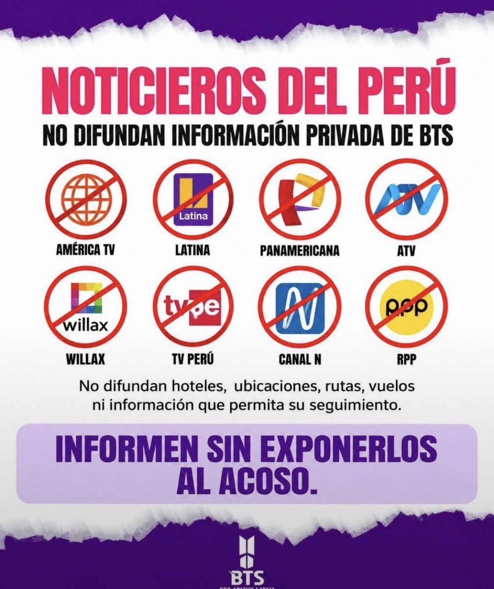 kajjthv's tweet photo. ARMY PERU RESPETA LA PRIVACIDAD DE BTS 🇵🇪

- NO IRÁ AL AEROPUERTO
- NO IRÁ A SU HOSPEDAJE
- NO PERSIGUE POR LA CALLE
- NO APOYA PRENSA QUE PERSIGA A BTS

#BTSEnPeru @Latina_pe @americatv_peru @atv_noticias @willaxtv @PanamericanaTV https://t.co/2V3JpFJuMe