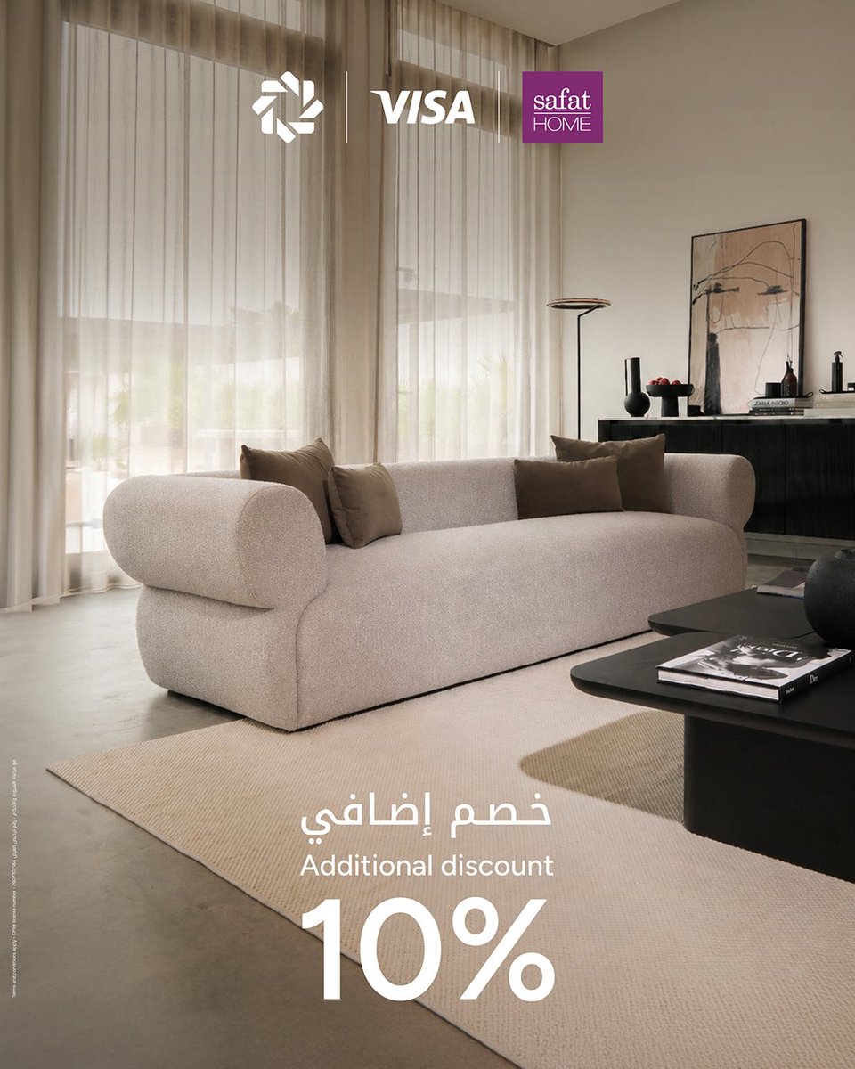 KFHGroup's tweet photo. احصل على خصم إضافي 10% لدى صفاة هوم عند استخدام بطاقات بيت التمويل الكويتي فيزا الائتمانية ومسبقة الدفع، ابتداءً من الخميس 1 أكتوبر 2026 وحتى الاثنين 5 أكتوبر 2026.
 
العرض متاح لأول 100 عميل لدى معارض صفاة هوم، وعلى الموقع الإلكتروني، ومن خلال تطبيق صفاة هوم.

أقصى قيمة للخصم: 100 د.ك.

العرض لا يشمل المدفوعات الرقمية (مثل Apple Pay وSamsung Pay).
 
للاطلاع على الشروط والتفاصيل، يرجى زيارة صفحة العرض ضمن قسم عروض ماستركارد على موقعنا الإلكتروني.

https://t.co/01kTiYzNZ2