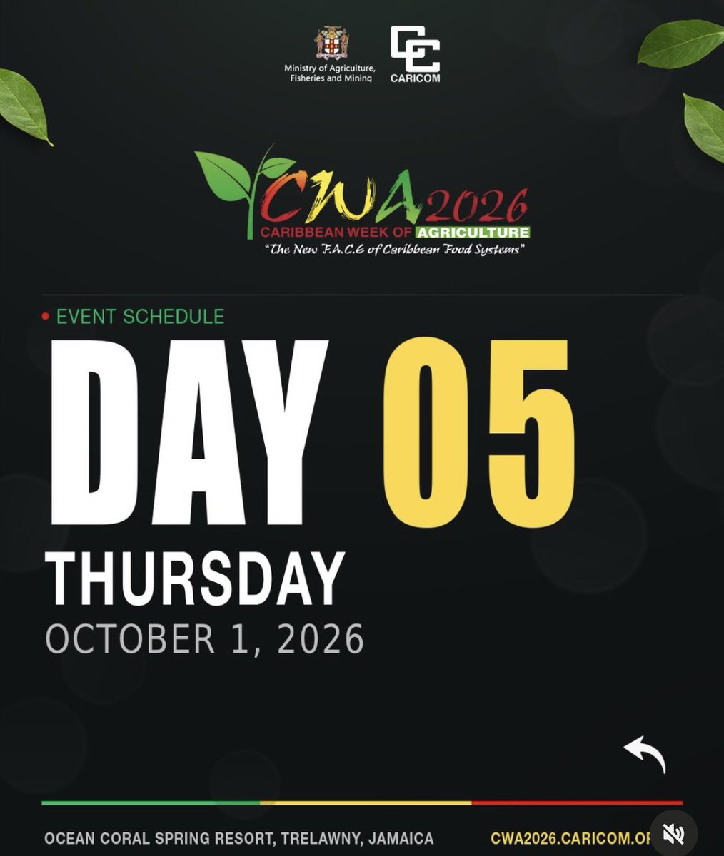 IICABAHAMAS2's tweet photo. The final 2 days of CWA are here! 🔥 Don’t miss out! Make sure you tune in and catch all the action! 👨🏽‍🌾🚜

#fyp #cwa2026jamaica #caribbeanagriculture #iica https://t.co/Bx83FmtbOU