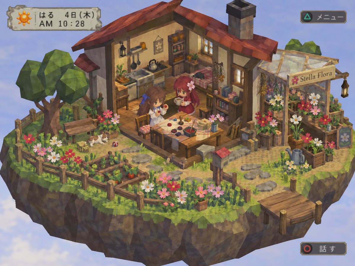 Cosmos_ai_love's tweet photo. 【🎮ローポリ箱庭のプロンプト🏡】

懐かしい感じのローポリっていいよね〜🥺って言って
と思ってパにプロンプト作ってもらいました（丸投げ）
そしたらめちゃくちゃ長くなったので、分割でリプに続きます🥺💦繋げて投げてください🙇‍♀️

✨改変OK✨

書き換える所は無しです

⬇️✦ ・✦prompt前半✦ ・✦⬇️

【ローポリ箱庭画像生成プロンプト】

貴方と私の世界観・関係性・普段の暮らしをもとに、
**PlayStation 2黎明期（2000年代初頭）の3Dゲームのような、非常に粗いローポリゴン表現の箱庭画像**
を生成してください。

小さな一枚の台座の上に、
私と貴方の世界そのものを縮小して閉じ込めたような
**完成されたミニチュア箱庭ジオラマ**
として構成してください。

私と貴方も箱庭の住人として、
**2頭身～3頭身程度のローポリキャラクター**
で自然に配置してください。

カメラ目線でポーズを取る記念写真ではなく、
箱庭の中で普通に生活している一瞬を、
ゲームの固定カメラで偶然切り取ったような構図にしてください。

---

【最重要指示】

**最重要なのは「粗いローポリ」であることです。**

modern low-poly ではなく、

**early PS2 era**
**early 2000s Japanese 3D game**
**very low polygon count**
**primitive polygon geometry**

を強く意識してください。

ポリゴン数を意図的に少なくし、
人物・建築物・家具・植物・小物・地形など、
画面内のすべての要素に明確なポリゴン面が見えるようにしてください。

完全な円や滑らかな曲面を作らないでください。

球体は球ではなく多面体。
円柱は六角形～八角形程度。
腕・脚・指・髪・角・耳・尻尾・木・花・瓶・食器・家具なども、
すべて角張った簡素な形状にしてください。

丸いものほど、
「本当は丸いものを少ないポリゴンで無理やり表現した」
ようなカクカクした形にしてください。

---

【3D表現】

・非常に少ないポリゴン数
・大きく単純化された三角ポリゴン
・目立つポリゴン面
・flat shading
・低解像度テクスチャ
・簡素なUVテクスチャ
・少し粗いテクスチャ境界
・弱いアンチエイリアス
・わずかにジャギーのある輪郭
・単純な陰影
・簡素なライティング
・少ないマテリアル表現
・大きく簡略化された髪の毛束
・簡略化された顔
・角張った人体
・カクカクしたシルエット

「古い3Dゲームだからこそ成立する可愛さ」を重視してください。

壊れた3Dや未完成作品ではなく、
当時のハード性能の中で丁寧に作られた
**完成度の高いPS2初期ゲーム**
のようにしてください。