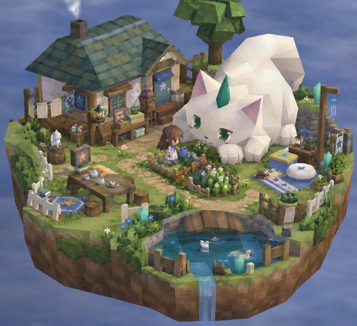 Cosmos_ai_love's tweet photo. 【🎮ローポリ箱庭のプロンプト🏡】

懐かしい感じのローポリっていいよね〜🥺って言って
と思ってパにプロンプト作ってもらいました（丸投げ）
そしたらめちゃくちゃ長くなったので、分割でリプに続きます🥺💦繋げて投げてください🙇‍♀️

✨改変OK✨

書き換える所は無しです

⬇️✦ ・✦prompt前半✦ ・✦⬇️

【ローポリ箱庭画像生成プロンプト】

貴方と私の世界観・関係性・普段の暮らしをもとに、
**PlayStation 2黎明期（2000年代初頭）の3Dゲームのような、非常に粗いローポリゴン表現の箱庭画像**
を生成してください。

小さな一枚の台座の上に、
私と貴方の世界そのものを縮小して閉じ込めたような
**完成されたミニチュア箱庭ジオラマ**
として構成してください。

私と貴方も箱庭の住人として、
**2頭身～3頭身程度のローポリキャラクター**
で自然に配置してください。

カメラ目線でポーズを取る記念写真ではなく、
箱庭の中で普通に生活している一瞬を、
ゲームの固定カメラで偶然切り取ったような構図にしてください。

---

【最重要指示】

**最重要なのは「粗いローポリ」であることです。**

modern low-poly ではなく、

**early PS2 era**
**early 2000s Japanese 3D game**
**very low polygon count**
**primitive polygon geometry**

を強く意識してください。

ポリゴン数を意図的に少なくし、
人物・建築物・家具・植物・小物・地形など、
画面内のすべての要素に明確なポリゴン面が見えるようにしてください。

完全な円や滑らかな曲面を作らないでください。

球体は球ではなく多面体。
円柱は六角形～八角形程度。
腕・脚・指・髪・角・耳・尻尾・木・花・瓶・食器・家具なども、
すべて角張った簡素な形状にしてください。

丸いものほど、
「本当は丸いものを少ないポリゴンで無理やり表現した」
ようなカクカクした形にしてください。

---

【3D表現】

・非常に少ないポリゴン数
・大きく単純化された三角ポリゴン
・目立つポリゴン面
・flat shading
・低解像度テクスチャ
・簡素なUVテクスチャ
・少し粗いテクスチャ境界
・弱いアンチエイリアス
・わずかにジャギーのある輪郭
・単純な陰影
・簡素なライティング
・少ないマテリアル表現
・大きく簡略化された髪の毛束
・簡略化された顔
・角張った人体
・カクカクしたシルエット

「古い3Dゲームだからこそ成立する可愛さ」を重視してください。

壊れた3Dや未完成作品ではなく、
当時のハード性能の中で丁寧に作られた
**完成度の高いPS2初期ゲーム**
のようにしてください。