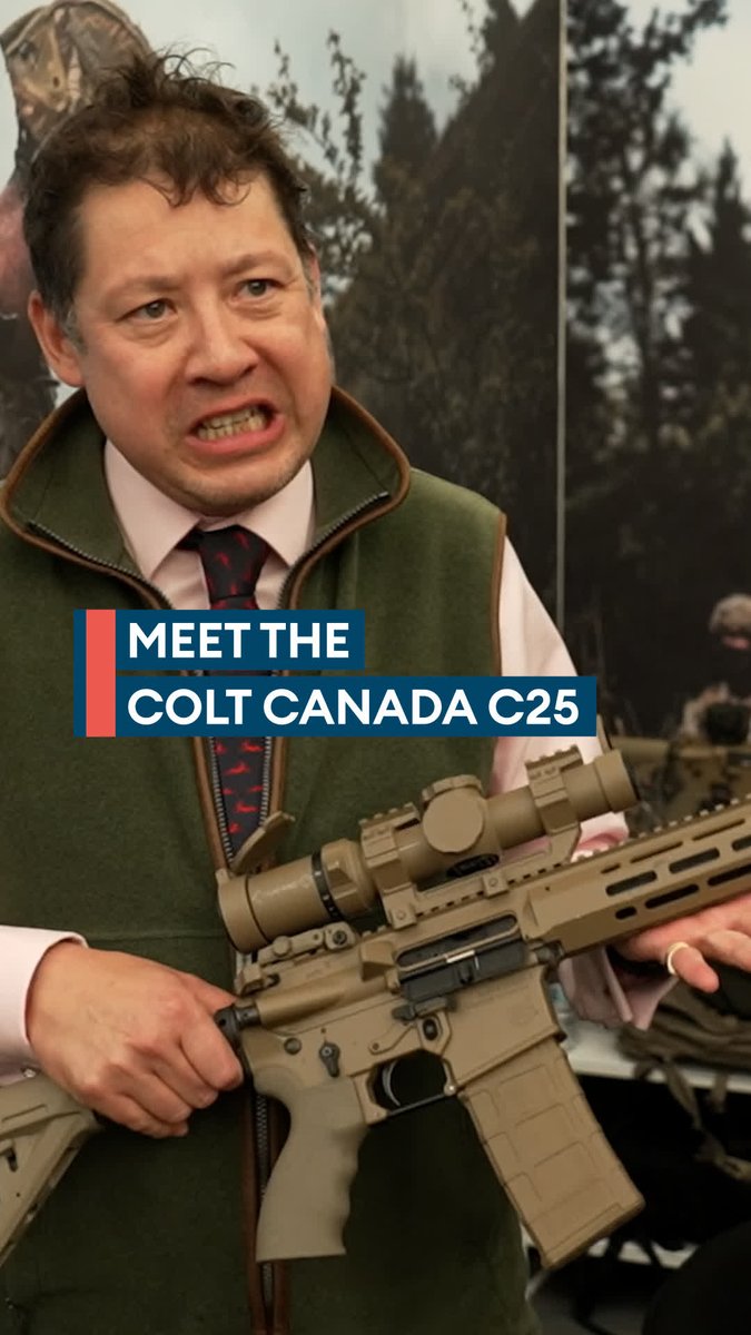 A man with an angry expression holds a tan rifle while wearing a green vest and tie, with overlaid text reading "MEET THE COLT CANADA C25," visually introducing the Canadian-made firearm referenced in the post about its paradoxical domestic production and prohibition status.