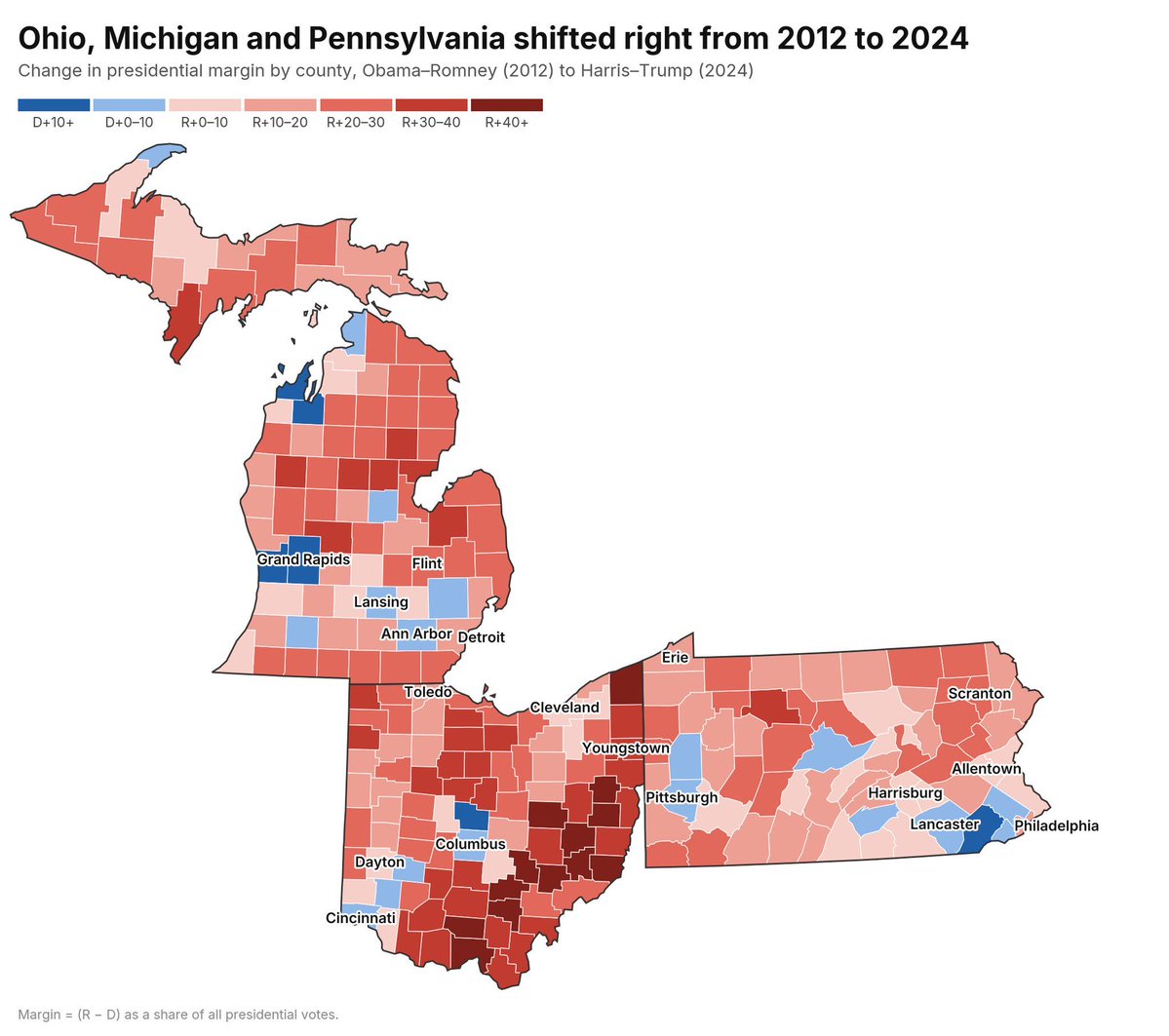 ClayTravis's tweet photo. Democrats went insane and lots of normal voters in Michigan, Ohio and Pennsylvania noticed. Look at how pronounced this shift is from 2012 to 2024. https://t.co/d7iyzNEAgB
