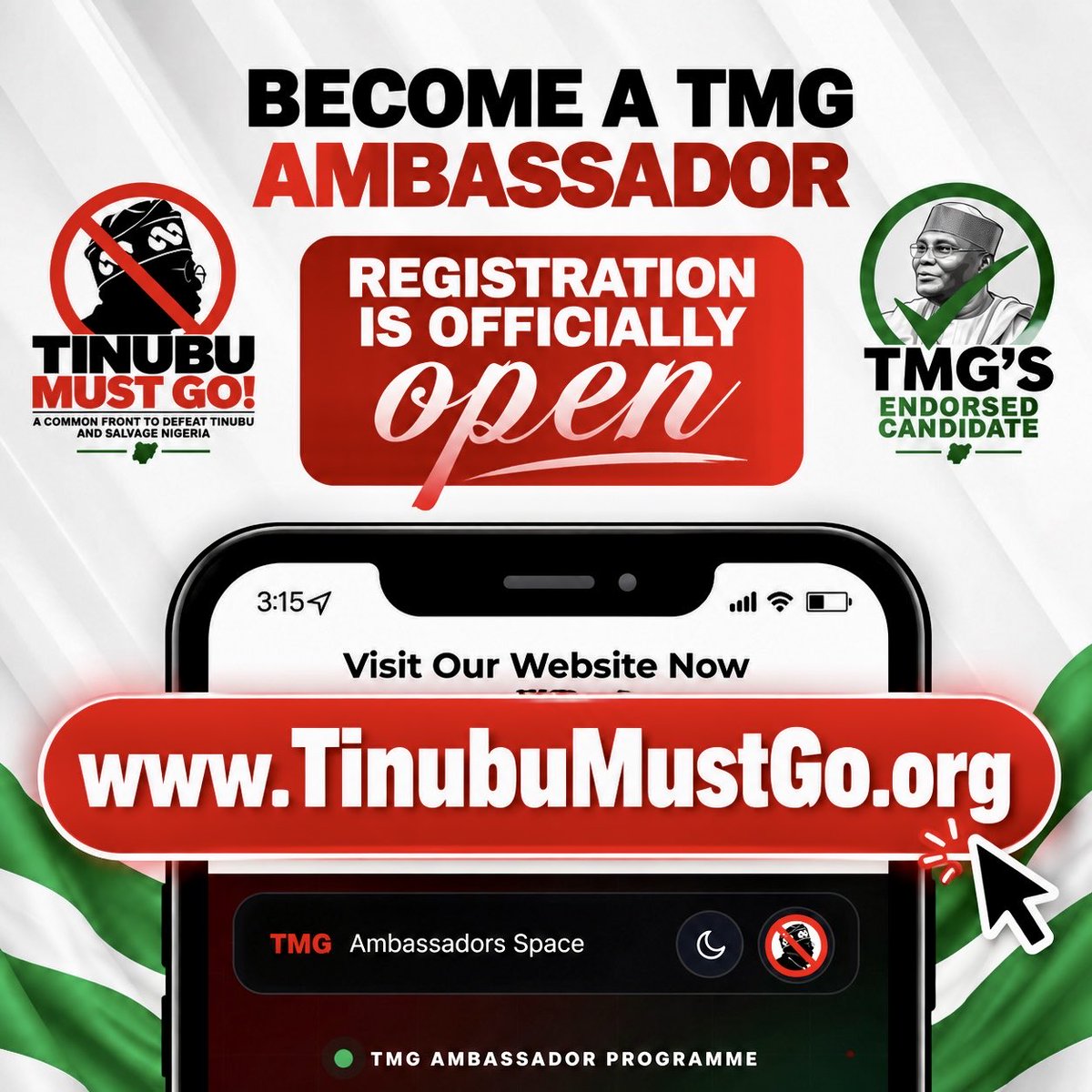 Abbahikima's tweet photo. TMG Ambassador registration is now open!

Join the movement. Register today and become a TMG Ambassador in your community.

🌐 https://t.co/vjCYuei0sK⁠

The main job of TMG: organise, mobilise and build from the polling unit up.

#TMG #TMGAmbassador https://t.co/wCDXiAcVll