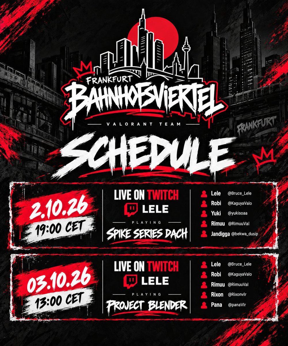 FFM_BHV_VALO's tweet photo. OUR TOURNAMENT SCHEDULE 🏆

This week, "Frankfurt Bahnhofsviertel" competes in @SpikeSeriesDACH &amp; @ProjectBlender_ 🇩🇪

📅 02.10 — 19:00 CET

📅 03.10 — 13:00 CET

🎥 Watch @Bruce_Lele on Twitch &amp; cheer for the best and most mental mix in DACH! 
#FRANKFUUURT 🌆 https://t.co/BQmfFmEUrj
