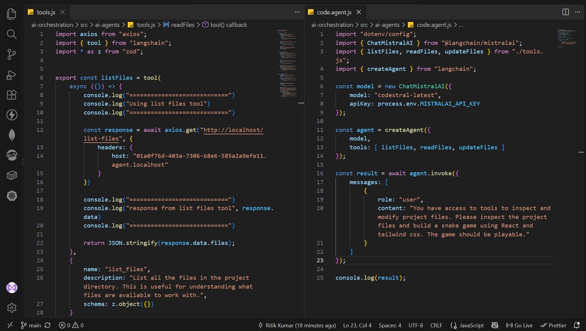 ritik_kumar22's tweet photo. Log 171 - connecting APIs with AI agents.

Built file-operation APIs, then exposed them as tools for an AI agent.

Prompt → Agent → Tools → APIs → Workspace

Also solved a Windows networking issue during testing.

Day 171 - AI becomes useful when it can act.

#AI #LangChain https://t.co/Z5ew8w9FEl