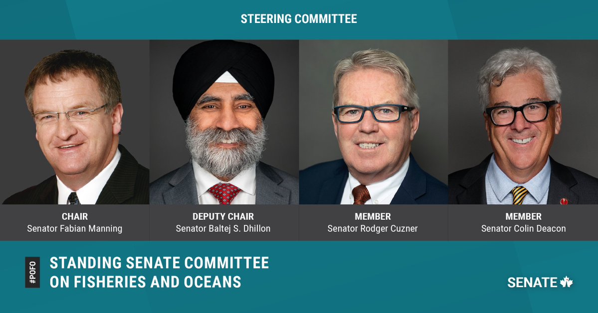 SenateCA's tweet photo. The chair of the Senate Committee on Fisheries and Oceans is Senator Fabian Manning, the deputy chair is Senator Baltej S. Dhillon, and the other members of steering are senators @RodgerCuzner and Colin Deacon: https://t.co/PQ5Mxx3tCG
#SenCA #POFO #CdnPoli https://t.co/oRwuOKBd7Z