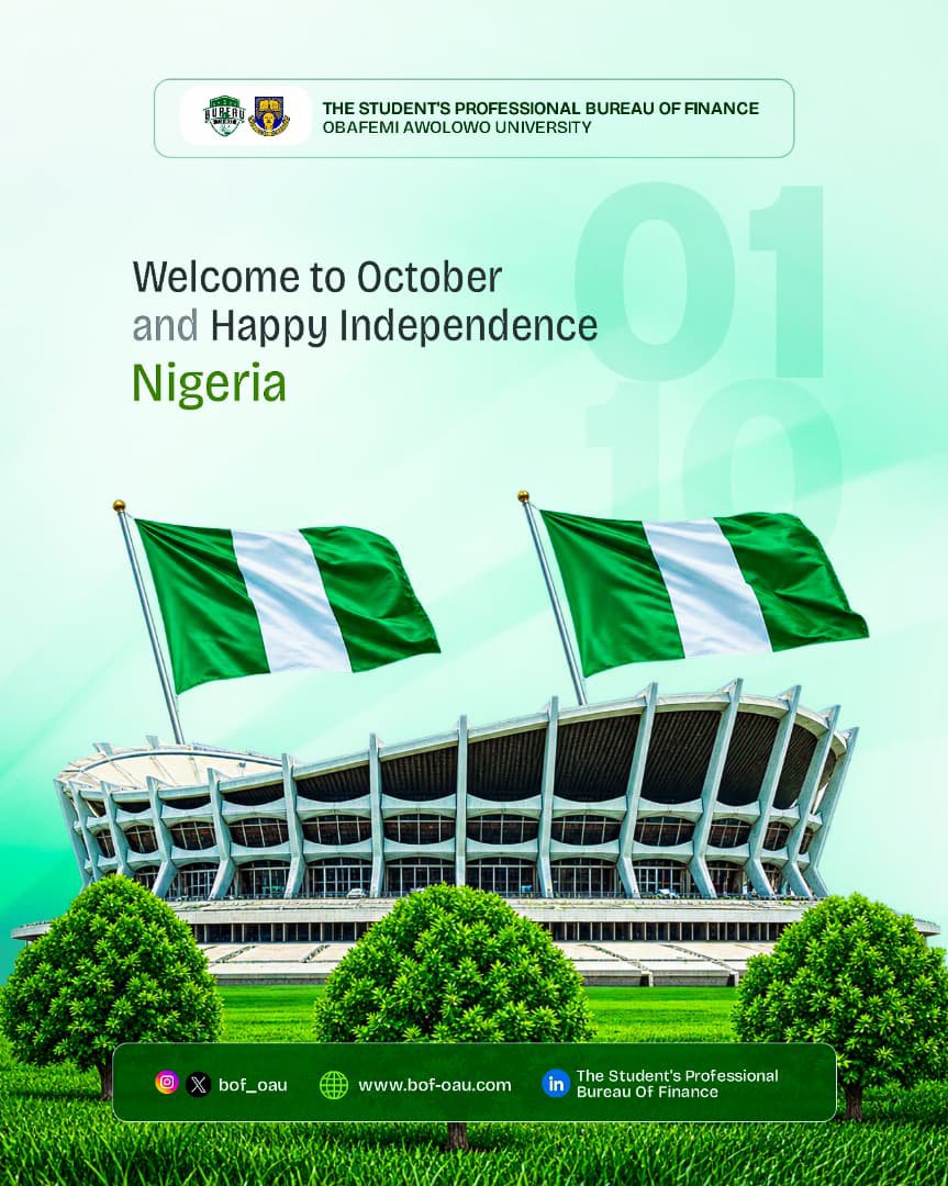 bof_oau's tweet photo. New month, a new chapter and another opportunity to grow, thrive and make an impact.
As we welcome October, we also celebrate the strength, resilience, and spirit of our great nation.
Here's to a prosperous October and a stronger Nigeria 🇳🇬
#HappyNewMonth #IndependenceDay #BofOau https://t.co/v0cEEcAjLx