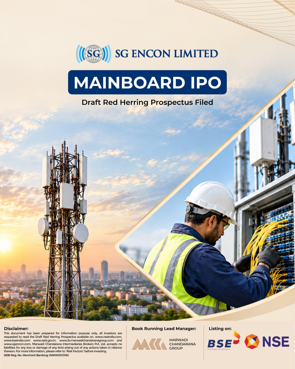 MCG_India's tweet photo. We are pleased to announce the filing of the Draft Red Herring Prospectus (DRHP) for SG Encon Limited, engaged in providing integrated end-to-end telecommunication infrastructure services and also undertakes construction services and underground utility infrastructure projects for sectors including oil & gas, water, and sewerage.

SG Encon Limited provides end-to-end solutions for telecom network deployment and operations & maintenance, including Optical Fiber Cable (OFC) layout and maintenance, telecom tower and cell-site operations, 5G and fiber network rollouts, RF drive testing and network optimization. The Company also undertakes Horizontal Directional Drilling (HDD) for pipeline infrastructure, along with civil and construction works, corporate interiors and project management consultancy.

With capabilities spanning telecom, civil, electrical, mechanical, pipeline and project development, SG Encon Limited supports the execution and maintenance of critical infrastructure projects across their verticals

As the Book Running Lead Manager (BRLM) for this Issue, we are proud to support SG Encon Limited in its growth journey and wish the Company continued success in the capital markets.

@amishchandarana @khetan_mayur
@Bhanushalibipi1 @ijigardesai @NSEIndia @BSEIndia 

#MarwadiChandaranaGroup #SGEnconLimited #IPO #NSE #BSE #SEBI