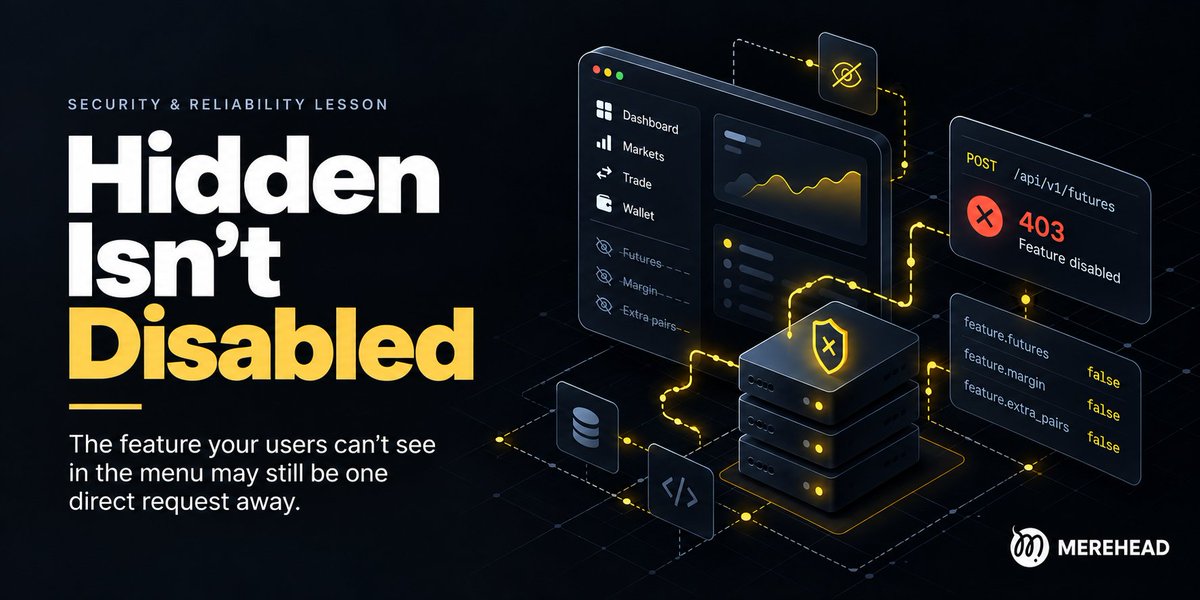 merehead_llc's tweet photo. Our Security & Reliability Lesson.
Hiding a feature in the UI doesn't turn it off. On a crypto exchange launch we hid futures and margin to ship faster, but the code stayed.

So the backend also rejects any direct call to a disabled feature with a controlled error, driven by one shared list. A hidden button with a live endpoint is still exposed. If the server doesn't know it's off, it isn't.

P.S.
The lesson flips a common shortcut (just hide it in the UI before launch) into a clear security boundary question, which almost every team cutting scope for an MVP runs into. Our treats access control as a server-side responsibility even under deadline pressure.