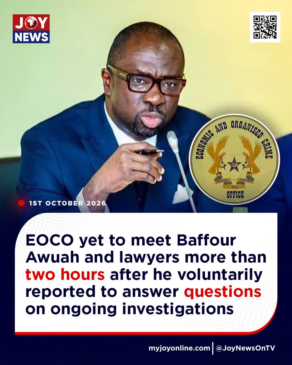 Joy997FM's tweet photo. EOCO yet to meet Baffour Awuah and lawyers more than two hours after he voluntarily reported to answer questions on ongoing investigations

More on https://t.co/OOywVPZiqK 

#JoyNews #JoyFM #GhanaNews #JoyPrime #MyJoyOnline https://t.co/nHPOgcgx1e
