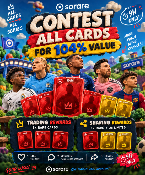 PawelTrader_'s tweet photo. 🔥 SORARE CHALLENGE IS LIVE! 🔥

💎 ALL CARDS FOR 104% VALUE! 💎

⏰ Only 9 HOURS to enter!

🎁 TRADING REWARDS
🔴 3x Rare Cards (3 random winners)

🎁 SHARING REWARDS
🔴 1x Rare Card
🟡 2x Limited Cards (3 random winners)

🚀 HOW TO ENTER:
❤️ Like this post
💬 Comment your @Sorare  username
🔁 Share this post

🏆 Winners will be randomly selected after the contest ends!

⏳ 9 HOURS ONLY — DON'T MISS OUT!

🍀 Good luck everyone!
#Sorare #SorareGiveaway #SorareCommunity #SorareFootball
