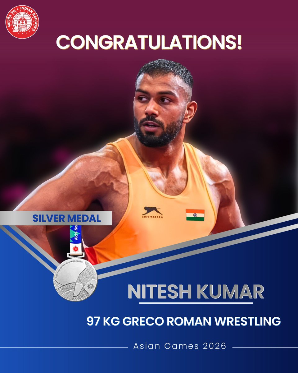 RailMinIndia's tweet photo. Silver for India! 🥈 
Hearty congratulations to Nitesh Kumar, a proud member of the Indian Railways family, on winning the Silver Medal in the 97 Kg Greco-Roman Wrestling event.
#AsianGames2026 https://t.co/XDfF5f6z2G