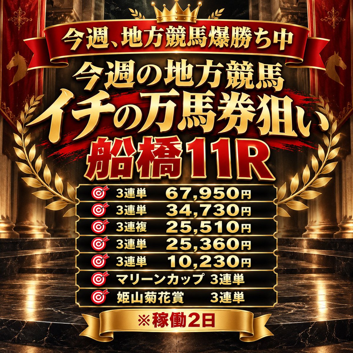 Baken__Hancho's tweet photo. 【1時間限定】船橋11R🎁企画
￣￣￣￣￣￣￣￣￣￣￣￣￣￣￣
いいね👍・リポスト🔃から抽選で...
━━━━━━━━━━━━━━━
船橋3連続🎯などで【回収率428％】
🎯3連単34,730円
🎯3連単25,360円
🎯3連単10,230円　など https://t.co/A5UanLJdZ8