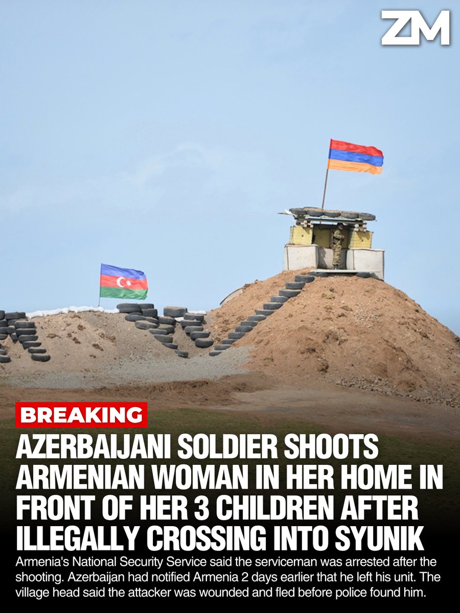 ZartonkMedia's tweet photo. BREAKING: Azerbaijani Soldier Shoots Armenian Woman in Her Home in Front of Her 3 Children After Illegally Crossing Into Syunik
➖➖➖
An Azerbaijani serviceman who illegally crossed into Armenia entered a woman's home in the border village of Shaki in Syunik Province on Thursday and shot her in the leg in front of her 3 children, according to Armenia's National Security Service and the village head.

Azerbaijan had given Armenia notice 2 days earlier. On September 29, Azerbaijan's State Security Service told Armenia's National Security Service that a serviceman from one of its military units had left his place of service under unknown circumstances, and did not rule out that he may have illegally crossed the border of the Republic of Armenia. The competent bodies of both countries then carried out search operations.

A Shaki resident gave Sputnik Armenia an account of what happened next. The resident said the serviceman spent the night in the family's house while they were away, and that the woman and her 3 children returned home after school and found him there.

"The woman and the 3 children had not spent the night at home. After school the woman came home with the children, saw the Azerbaijani, raised the alarm, and the Azerbaijani shot at the woman," the resident said. According to the same account, the woman defended herself and struck the Azerbaijani with a knife, after which he fled and hid in a cattle shed, where he was found.

The Interior Ministry's 112 emergency center received a report at 2:15 p.m. that an Armenian citizen had been shot in the leg in Shaki, which sits in the Sisian community. Operational groups from various police subdivisions were sent to the scene and urgent measures were taken to establish the circumstances.

Shaki village head Manucharyan told Azatutyun that the victim is a local woman and that the shooting happened in front of her 3 children. He said her life is not in danger.

"When we entered the scene, we saw blood traces, but the woman's life is not in danger," he said.

The man was armed with an automatic rifle and was not wearing military clothing, Manucharyan said, describing him in black trousers and boots.

"He had entered that woman's house, he came out of that woman's house, he fled, and he was wounded himself. We followed the blood traces, and by we I mean myself together with the law enforcement groups, and they neutralized him," he said.

Manucharyan said he noticed what appeared to be a knife wound to the man's chest.

Police determined that an Azerbaijani serviceman committed the crime and placed him under arrest.

Armenia has presented details of the incident to the Azerbaijani side. The Investigative Committee has initiated criminal proceedings.

Azatutyun reported that it remains unclear why the armed Azerbaijani was not stopped from entering Armenia over the preceding days, or detected before he reached a village, and whether local residents were warned that he had fled his unit and may have crossed the border.

The Defense Ministry separately said that claims circulating on social media about a serviceman being killed in Sisian do not correspond to reality.

Shaki lies in Syunik, the sovereign Armenian province through which Azerbaijan has demanded a land link to its Nakhichevan exclave for decades. Azerbaijani forces have held positions on sovereign Armenian territory in Syunik and Gegharkunik since May 2021.