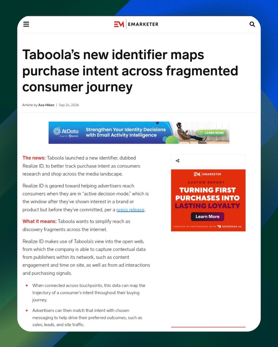 taboola's tweet photo. Coverage from @eMarketer featuring the Realize ID launch, and how it connects purchase intent across our publisher network while consumers are still in their decision-making phase.

Read it here: https://t.co/84TtMJu4PM  

Learn more about Realize ID: https://t.co/MPTFVjvG8S https://t.co/uuObJg3pNc