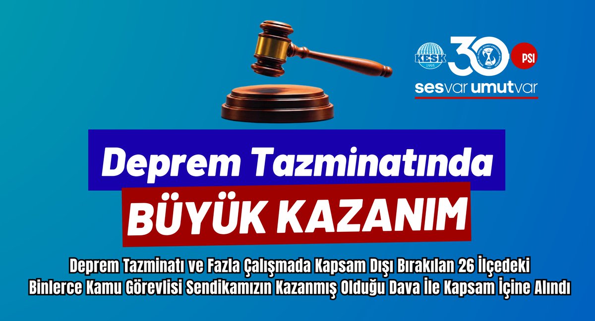sesgenelmerkezi's tweet photo. DEPREM TAZMİNATINDA SENDİKAMIZDAN BÜYÜK KAZANIM!

Deprem Tazminatı ve Fazla Çalışmada Kapsam Dışı Bırakılan 26 İlçedeki Binlerce Kamu Görevlisi Sendikamızın Açmış Olduğu Dava İle Kapsam İçine Alındı

Hepimizi derinden sarsan 6 Şubat 2023 tarihli Kahramanmaraş merkezli depremlerden sonra Cumhurbaşkanlığı kararı ile 11 ilden 3’ünde; Adana, Diyarbakır, Elâzığ ilçelerinin tamamında çalışan kamu görevlilerine tazminat ve fazla çalışma ücreti verilmemişti.

Cumhurbaşkanı kararında yer almayan Adana’nın Aladağ, Feke, İmamoğlu, Karaisalı, Karataş, Pozantı, Saimbeyli, Sarıçam, Tufanbeyli, Yumurtalık ilçeleri, Diyarbakır’ın Çınar, Cüngüş, Dicle, Eğil, Ergani, Hani, Hazro, Kocaköy, Kulp, Lice, Silvan ilçeleri, Elazığ’ın Ağın, Alacakaya, Arıcak, Keban, Sivrice ilçeleri ve tüm bu ilçelere bağlı yerleşim yerlerinde çalışan kamu görevlilerine de tazminat ve fazla çalışma ücreti ödenecektir.

Danıştay 12. Dairesinin eksik düzenlemeye dair iptal kararı ektedir. Bu kararla binlerce kamu çalışanın maruz kaldığı haksızlık giderilmiş olmaktadır.

Kapsam dışı bırakılan ilçelerde çalışan kamu görevlileri tazminat ve fazla çalışma ücreti başvuruları için Şube/Temsilciliklerimizden dilekçe örneklerine ulaşabilirler.

Mahkeme Kararı: https://t.co/gIf6WGMa5p

SES GENEL MERKEZİ
#SESimiz30Yaşında