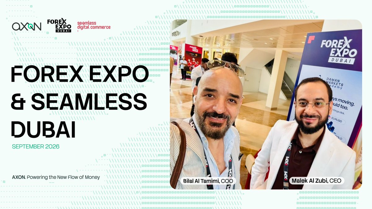 AxonMoney's tweet photo. Malek Al Zubi (CEO) and Bilal Al Tamimi (COO) spent last week at @TheForexExpo and @seamlessMENA, meeting brokers, PSPs and fintech teams.

A lot of them are adding rails and markets faster than their systems can keep up, and that's where AXON comes in. 🤝 https://t.co/oTem252JNq