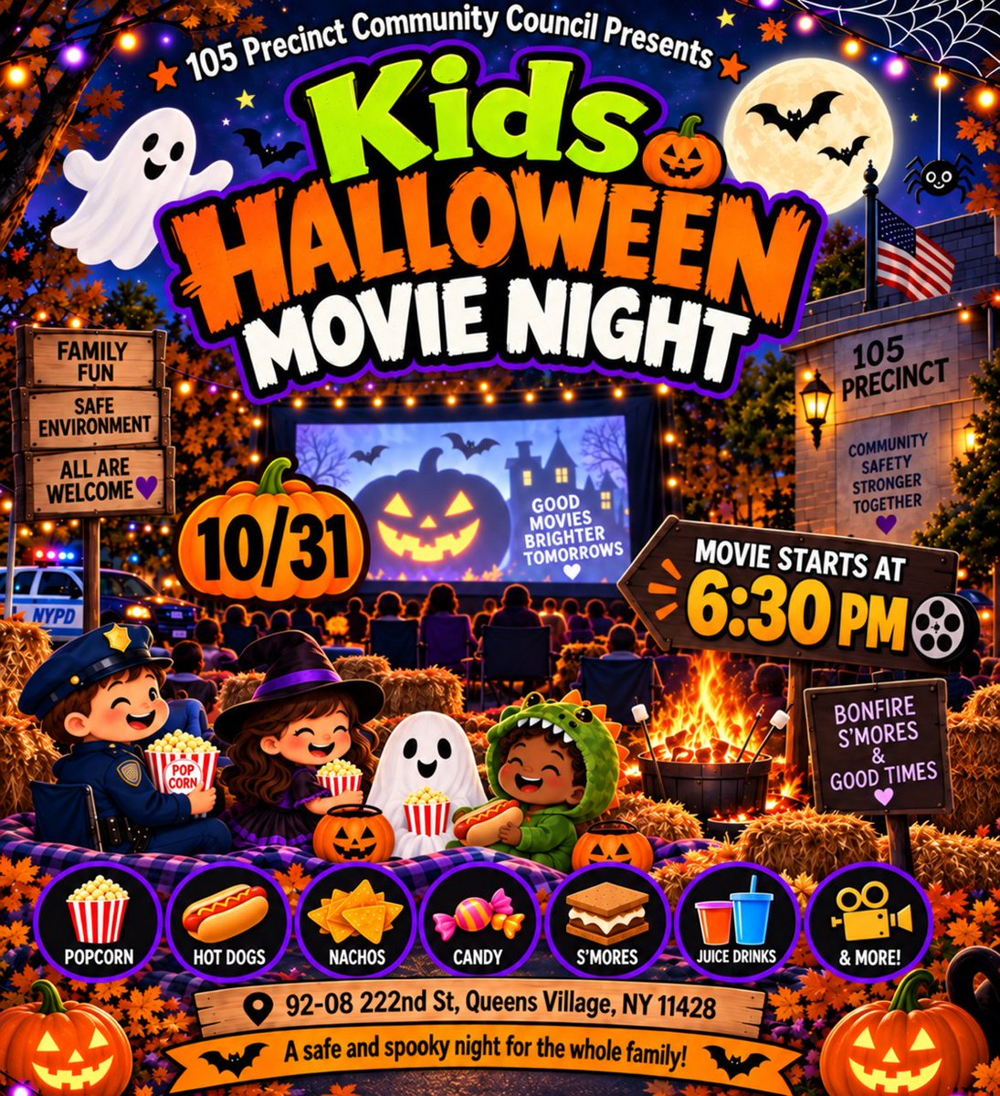NYPD105Pct's tweet photo. 🎃🔥Get ready for a spooktacular Halloween Bonfire &amp; Movie Night! Costumes are encouraged, so come dressed for the fun! Bring your camping chairs or a warm blanket, grab a cozy spot, and enjoy a festive night under the stars with us! 🍿🎬👻 https://t.co/KWuUb7VmGb