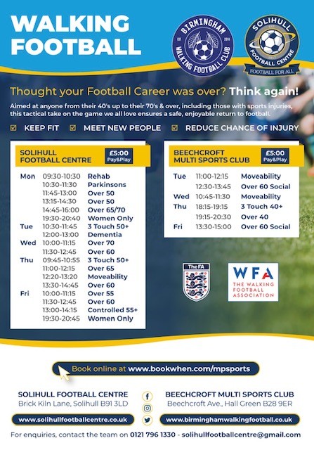 SolihullCentre's tweet photo. Fancy a work out that not only improves balance and coordination but combats isolation? Try walking football. Over 20 age related sessions a week over two venues @BeechcroftTMC and Solihull Football Centre Call 0121 796 1330 for more info #over40  #footballers #solihullcouncil https://t.co/L1wJQ47J8k