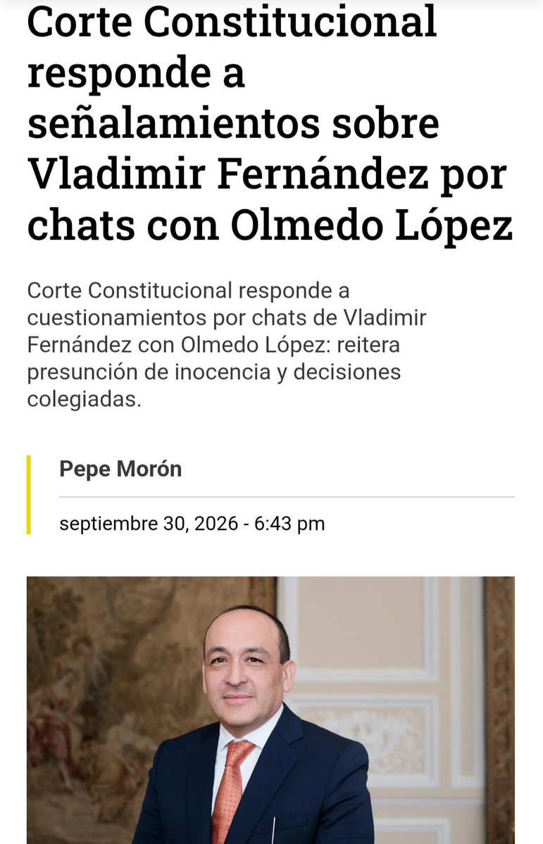ClaudiaLuci1018's tweet photo. No son buenos días 😡
Qué conveniente el escudo institucional de la @CConstitucional saca un comunicado de prensa para lavarse las manos tras el escándalo de los chats del magistrado Vladimir Fernández con olmedo lopez caso UNGRD
Dicen defender las instituciones, pero lo que hacen es blindarse del pueblo #CorrupciónUNGRD
✔️Las pruebas forenses que destapó la Revista Cambio muestran chats con horas direcciones y plata💰 bailando de un lado a otro en plenas narices del país
Esto son presuntos delitos cometidos por un magistrado activo que ayuda a dictar las leyes de Colombia esto es una ignominia 😡
•Da rabia ver cómo se escudan en un comunicado formal diciendo que las decisiones son colegiadas en vez de dar un ejemplo de transparencia y APARTARLO DE INMEDIATO DE SUS FUNCIONES para recuperar la confianza de nosotros el pueblo,pero sus colegas  prefieren mantenerlo en la silla
Para el pueblo no hay presunciones ni blindajes cuando se trata de pagar platos rotos, nos robaron pagaron coimas, en el congreso que derivaron en la aprobación del 90%  de la reforma pensional eso da  mucho que pensar,
Para la Corte Constitucional todo es un tema técnico de votos y mayorías pero para el pueblo es un asunto de un mínimo de decencia
✔️Si el proceso que aprobó la reforma pensional tiene una manzana podrida salpicada por los dineros robados de la UNGRD, toda la ley pierde legitimidad moral. 
Que no nos hablen de blindaje institucional cuando lo que están haciendo es tapar el escándalo con formalismos inaudito
¿ como la corte aprueba una reforma donde uno de sus funcionarios esta inmerso en escándalo de precisamente haber recibido coimas??????
 La decencia exigía que lo retiraran mientras rinde cuentas ante la justicia. Si la cabeza de la justicia se tapa los ojos ante las evidencias
¿qué nos espera al resto de colombianos?
Miren urge una reforma de la justicia, es que no puede ser que un magistrado o cualquier alto funcionario público use la presunción de inocencia como un blindaje eterno para seguir ejerciendo y dictando leyes mientras lo investigan
 El pueblo exige que un funcionario público que esté bajo investigación seria con pruebas contundentes, debe ser retirado o suspendido del cargo inmediatamente
Las instituciones no se respetan tapando a los sospechosos, se respetan apartándolos para que respondan ante los jueces como cualquier ciudadano común 
Pero por qué creen que nos roban como pueblo porque ellos se blindan 🙄 nooooo esa alcahuetería hay que acabarla @MinjusticiaCo
@ABDELAESPRIELLA