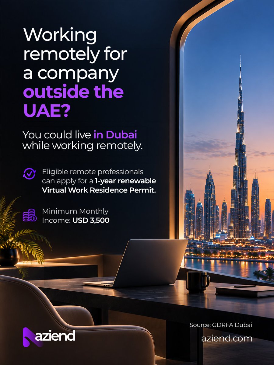 aziendcs's tweet photo. Dubai’s virtual work residence permit offers eligible professionals a 1-year renewable permit, with a minimum monthly income of USD 3,500.

Source: GDRFA Dubai

#virtualwork #residencepermit #remotework #uaevisa #azien https://t.co/JMklfxV0l0