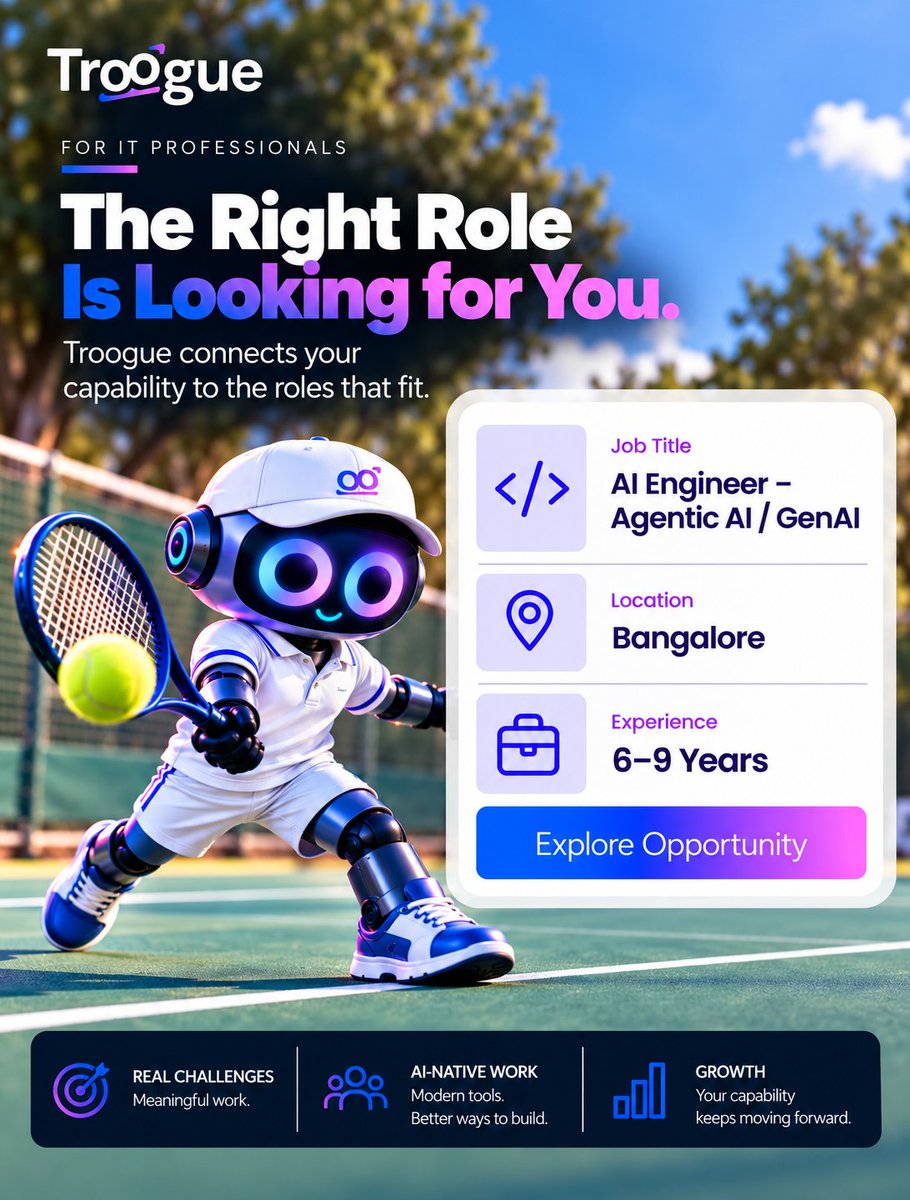 troogue's tweet photo. Our Enterprises are hiring.
AI Engineer for Agentic AI and GenAI work in Bangalore.
6 to 9 years of experience.

Come help enterprises actually get value out of their AI &amp; not just talk about it.
Apply 👉https://t.co/IKXpcD0nF5

#AIEngineer #GenerativeAI #Troogue https://t.co/UHMeI2w8yS