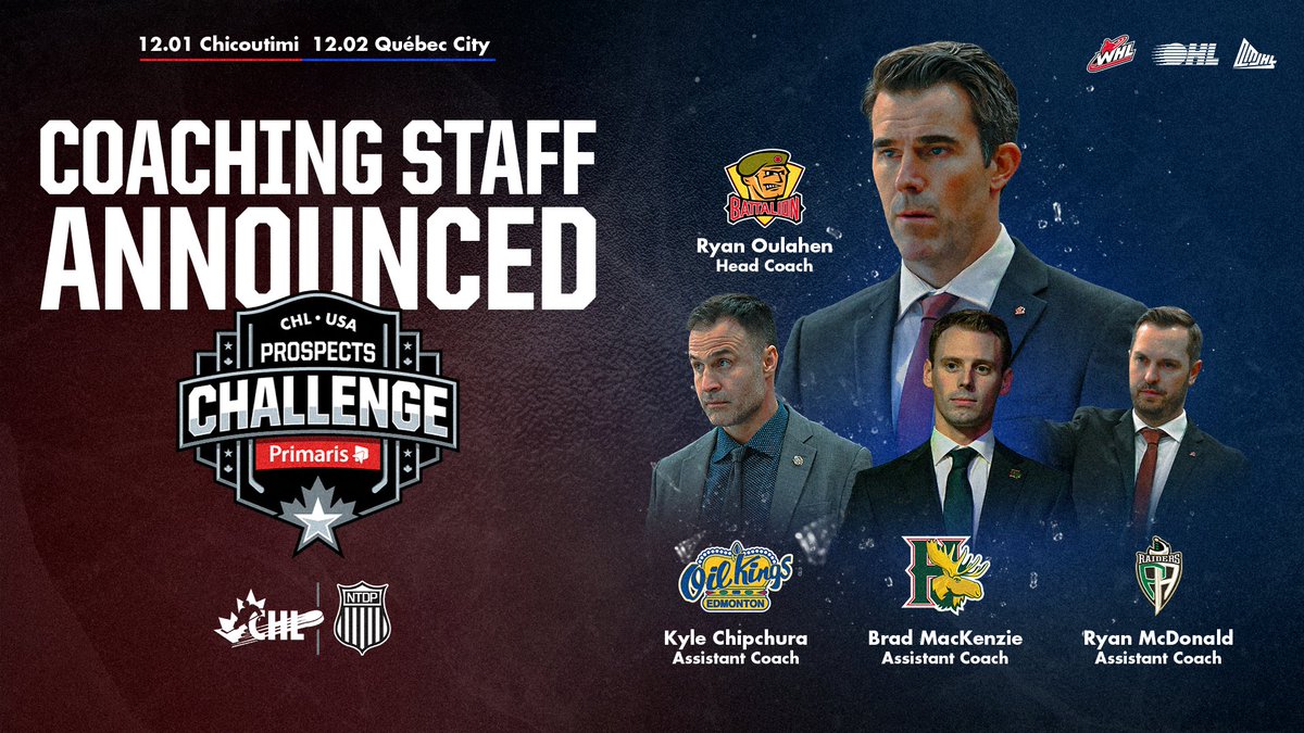 CHLHockey's tweet photo. Running it back! 😮‍💨

After guiding 🇨🇦 to gold at the #HlinkaGretzkyCup, Team CHL will be led by head coach Ryan Oulahen &amp; assistant coaches Ryan McDonald, Brad MacKenzie &amp; Kyle Chipchura at the 2026 #CHLUSAProspectsChallenge presented by Primaris! 

📰 https://t.co/k2NjUTRTLX https://t.co/VbWKjlkIG5