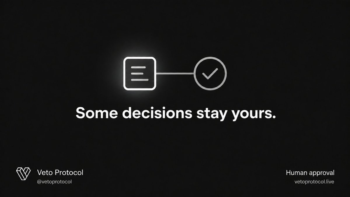 vetoprotocol's tweet photo. Some decisions stay yours.

An agent can prepare an action without having permission to carry it out.

With approval rules, selected requests through Veto pause for a human decision before execution. That gives you a chance to review the proposed action before it affects a connected app.

A pending request is still pending. It isn’t permission.

stay tuned!