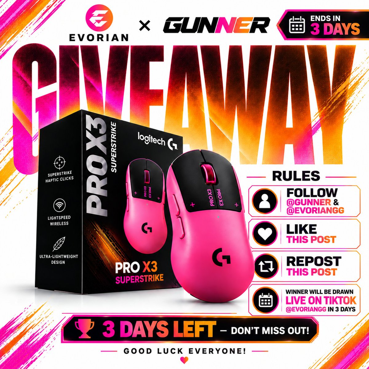gunnergr1's tweet photo. 🎁 ONLY 3 DAYS LEFT! 🔥

The GUNNER x EVORIAN giveaway is almost over!

🎯1 winner will take home the brand-new Logitech G PRO X3 SUPERSTRIKE!🖱️🏆

📌Haven’t entered yet?
Head over to the pinned post and complete the entry steps!
⏳ 3 DAYS. 1 WINNER.
#giveaway #logitech #Fortnite https://t.co/XoShgQUQRZ