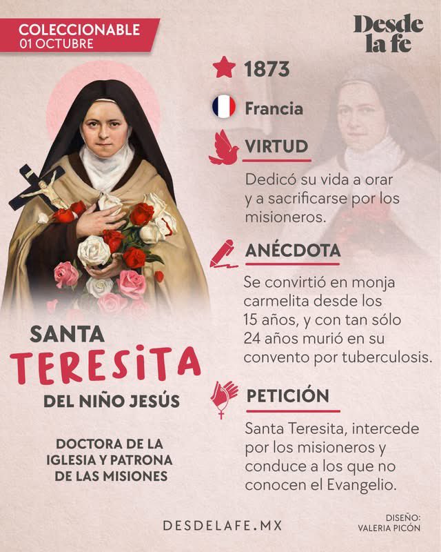DesdeLaFeMx's tweet photo. “Quiero pasar mi cielo haciendo el bien en la tierra” 🌸

Recordamos a Santa Teresita del Niño Jesús, la santa que nos enseñó a amar a Jesús en las cosas pequeñas.  😇

#SantaTeresitadelNiñoJesús #Santoral https://t.co/SgNrIHaeqi