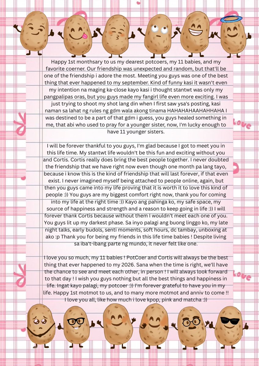 kkyulovezone's tweet photo. happy 1st motmot, my potato coerners :) <3 @potatocoerners 

#potatocoernerday #potcoerday 🫂🫶🏻

ps. save the best for last kasi ako kaya late
pps. sorry for my sulat, it was rushed ok . https://t.co/8ZjX0LecXt